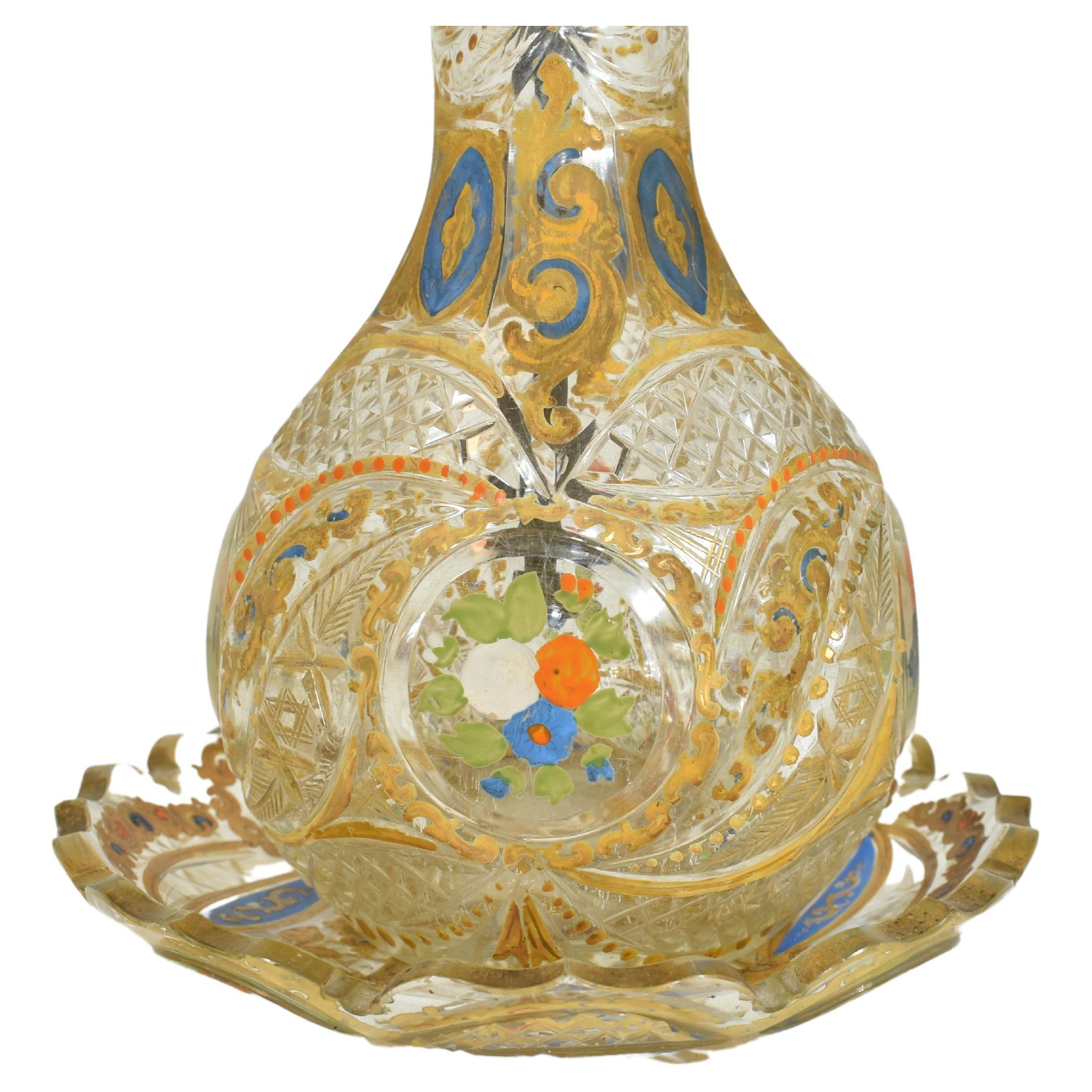 Antike Hookah- und Teller aus emailliertem, geschliffenem Glas, böhmisch für den osmanischen Markt, 19. Jahrhundert (Tschechisch) im Angebot
