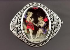 Antique Enamelled Fairies Brooch, 18k Gold Filigree and Diamond, Art Nouveau