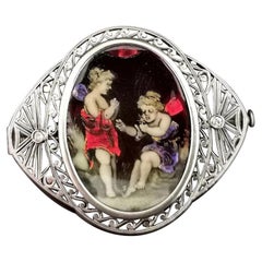 Antique Enamelled Fairies Brooch, 18k Gold Filigree and Diamond, Art Nouveau