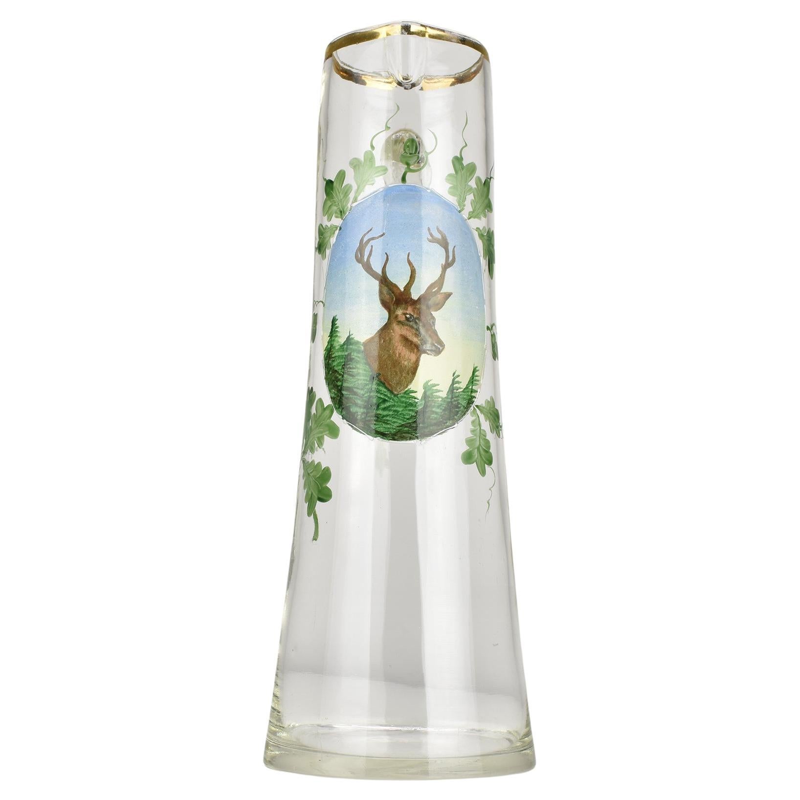 Antique Enamelled Glass Claret Jug with Stag Motif, Hunting Lodge Wine Pitcher