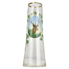 Antique Enamelled Glass Claret Jug with Stag Motif, Hunting Lodge Wine Pitcher