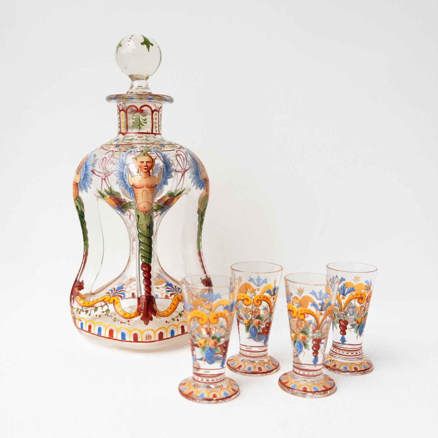 Antique Enamelled Glass Decanter & Glasses By J & L Lobmeyr, Vienna Late 19th.C For Sale 4