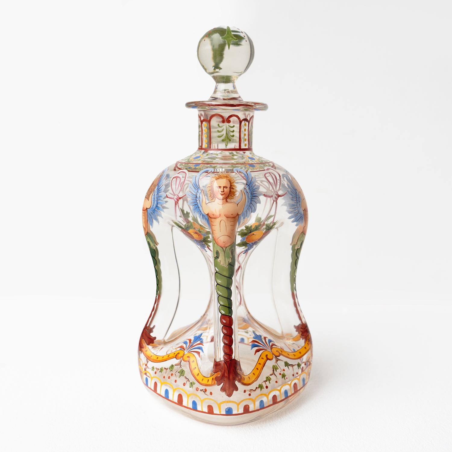 Austrian Antique Enamelled Glass Decanter & Glasses By J & L Lobmeyr, Vienna Late 19th.C For Sale