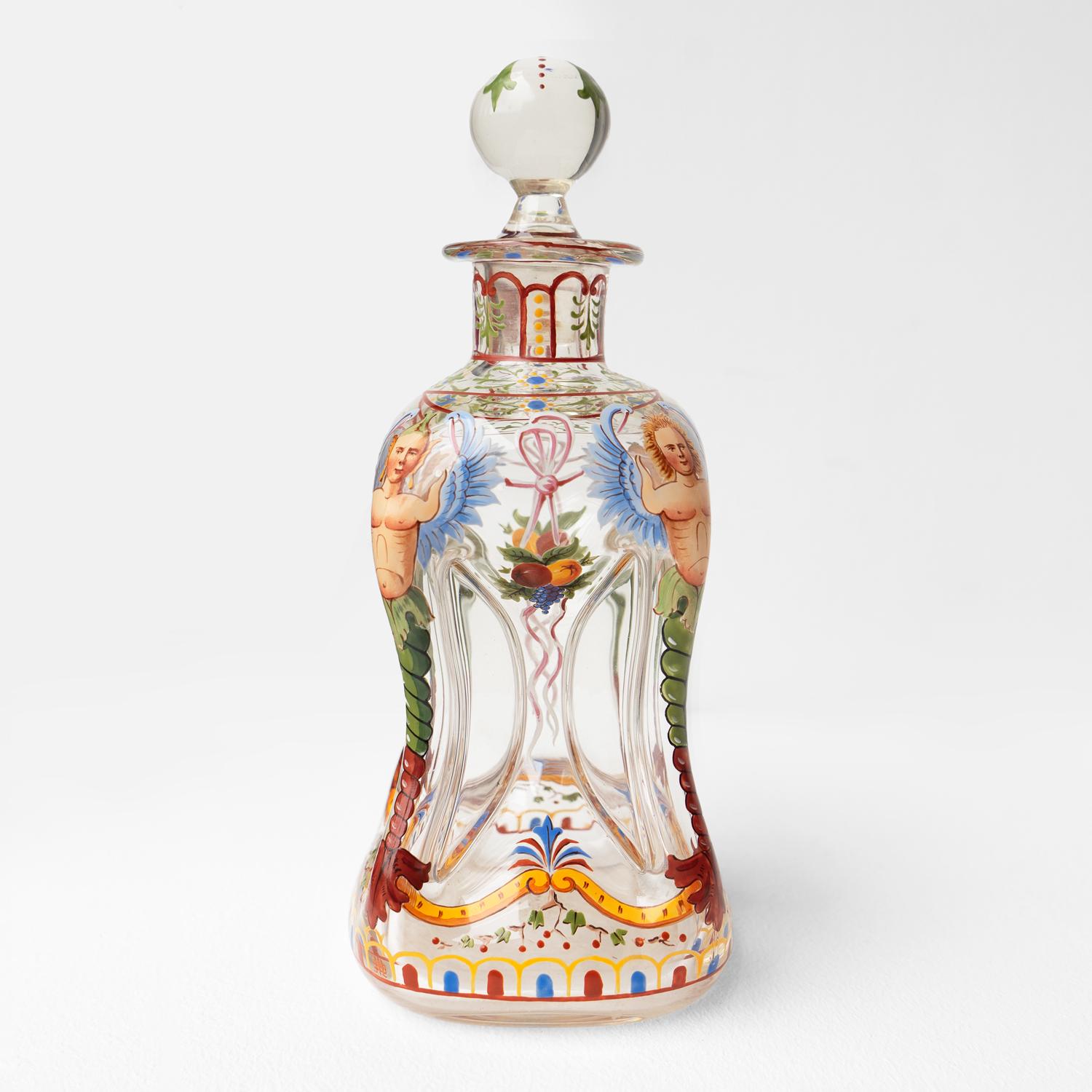 Enameled Antique Enamelled Glass Decanter & Glasses By J & L Lobmeyr, Vienna Late 19th.C For Sale