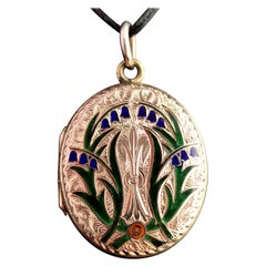 Antique Enamelled Locket, 9k Gold Front and Back, Bluebells, Victorian