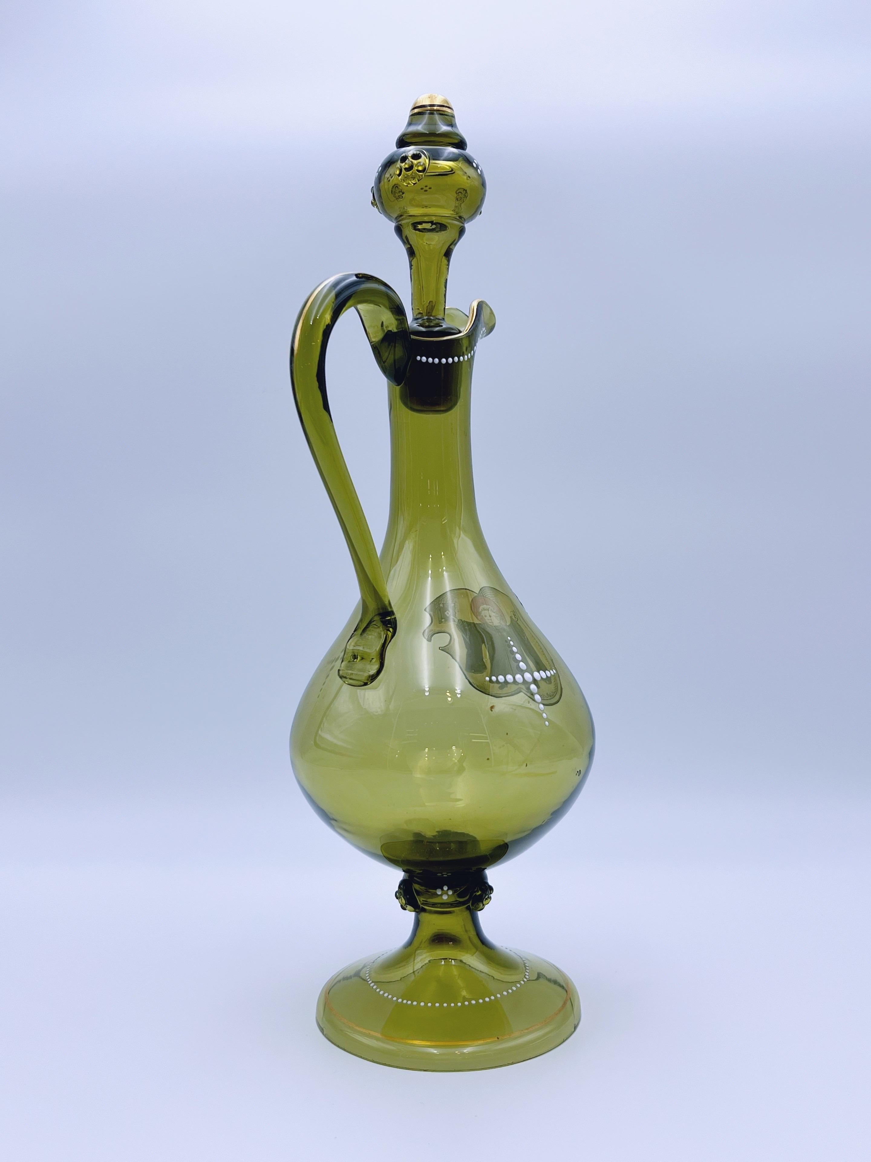 Antique Enamelled Oliver Green Glass Jug, Bohemia, circa 1880/90, hand-painted For Sale 4