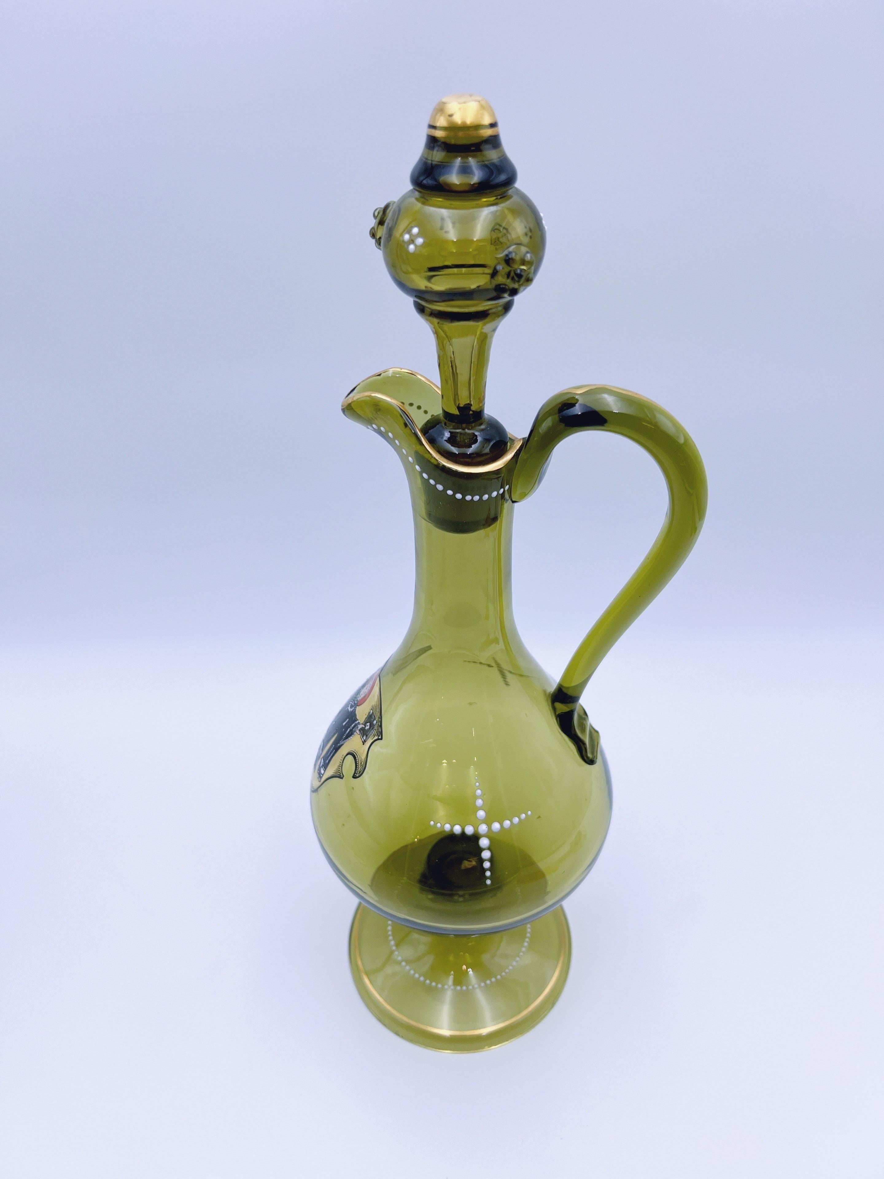 Antique Enamelled Oliver Green Glass Jug, Bohemia, circa 1880/90, hand-painted For Sale 5