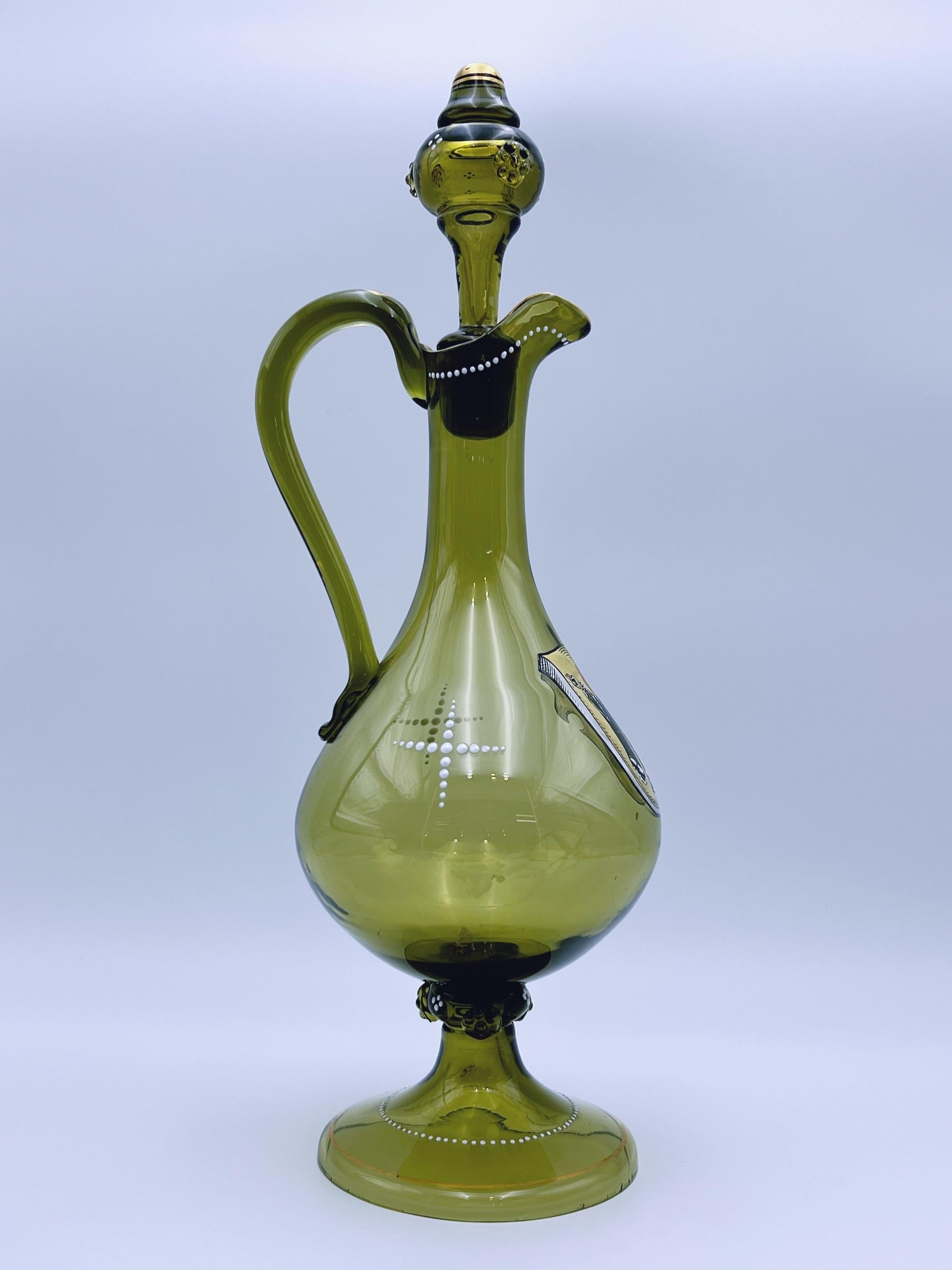 Hand-Crafted Antique Enamelled Oliver Green Glass Jug, Bohemia, circa 1880/90, hand-painted For Sale