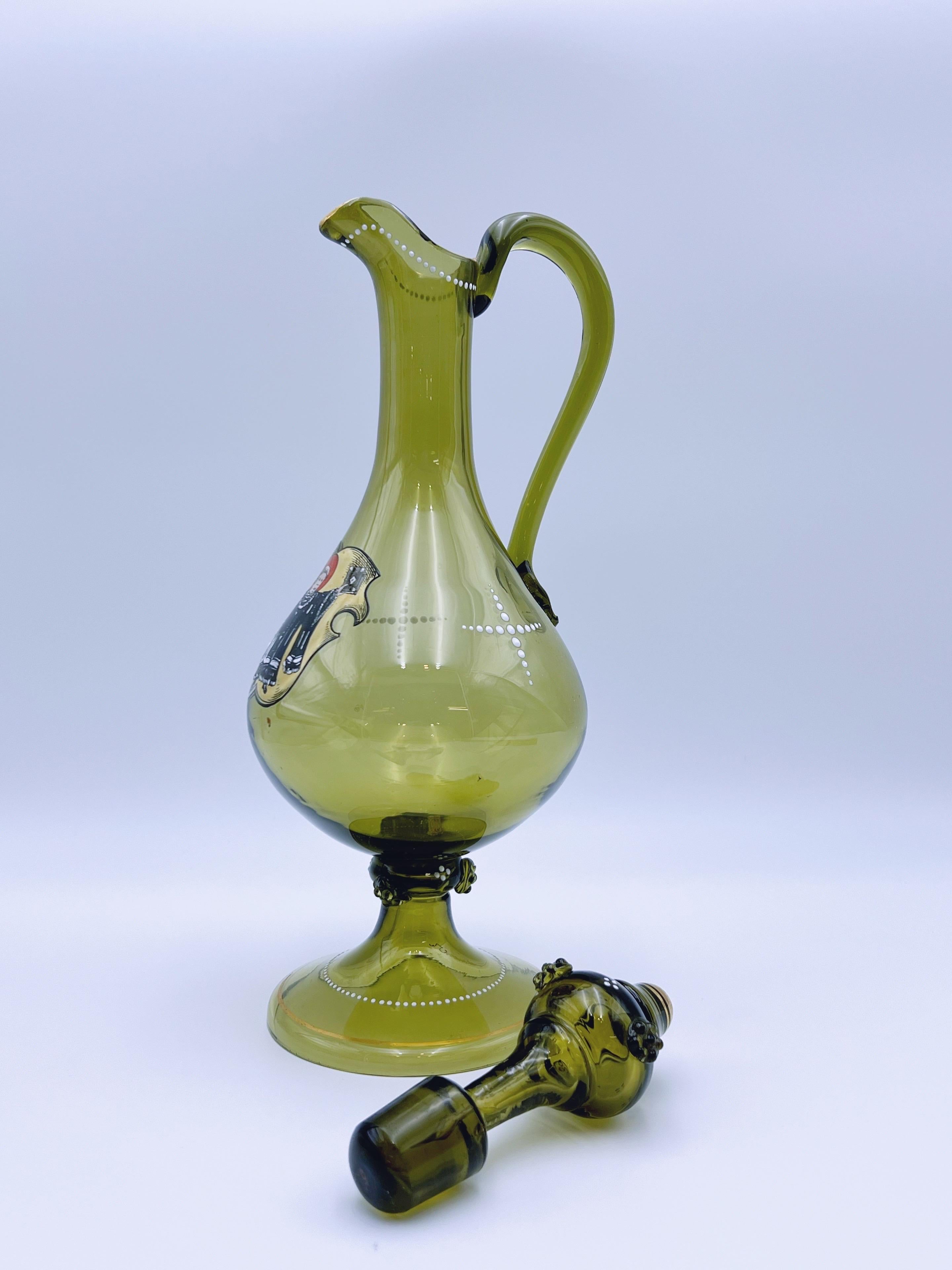 19th Century Antique Enamelled Oliver Green Glass Jug, Bohemia, circa 1880/90, hand-painted For Sale