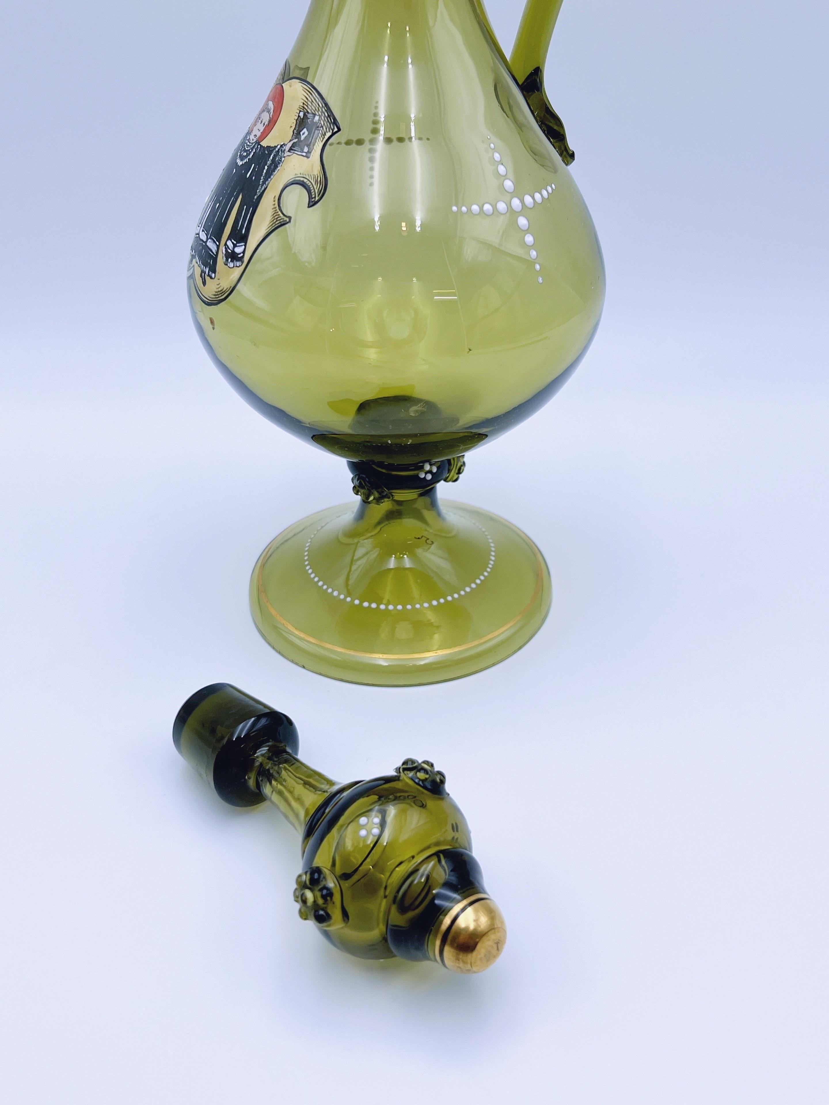 Antique Enamelled Oliver Green Glass Jug, Bohemia, circa 1880/90, hand-painted For Sale 2