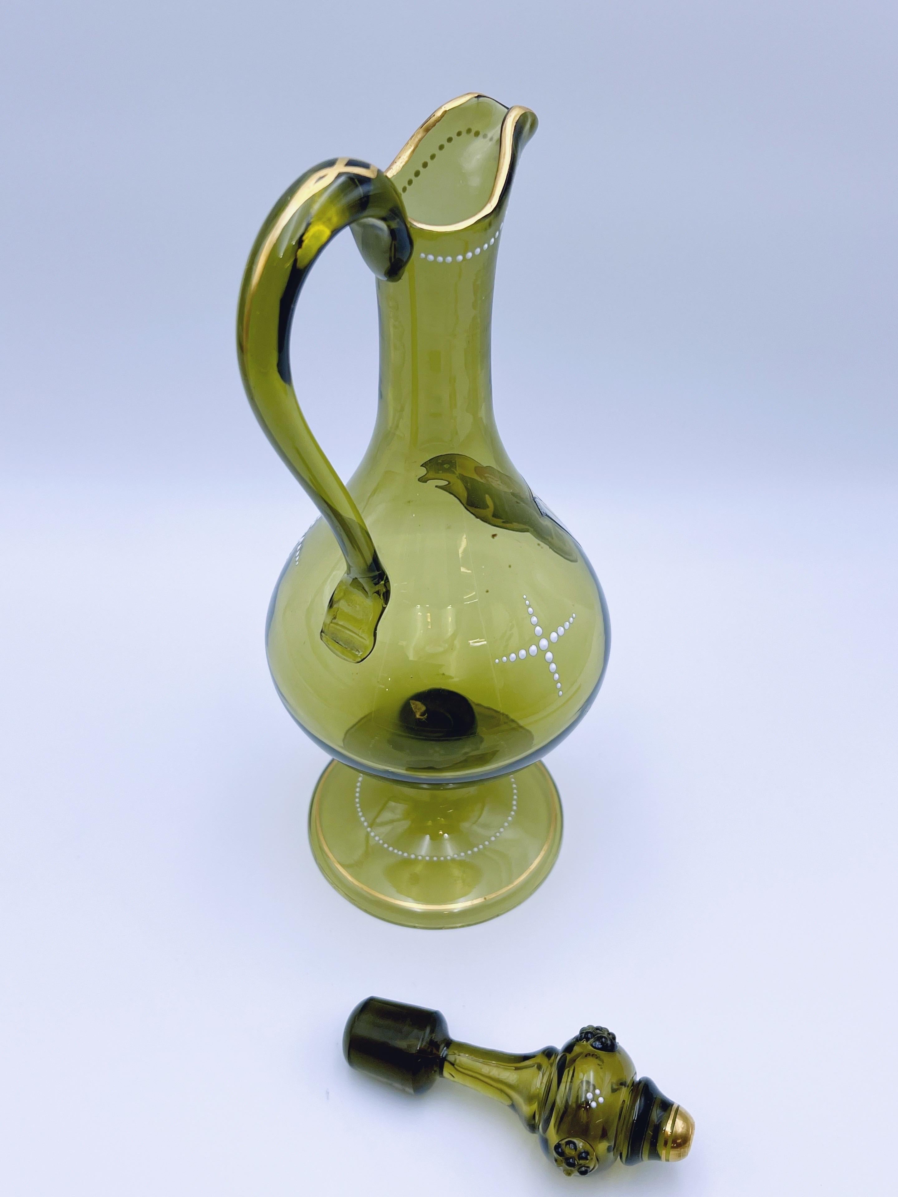 Antique Enamelled Oliver Green Glass Jug, Bohemia, circa 1880/90, hand-painted For Sale 3