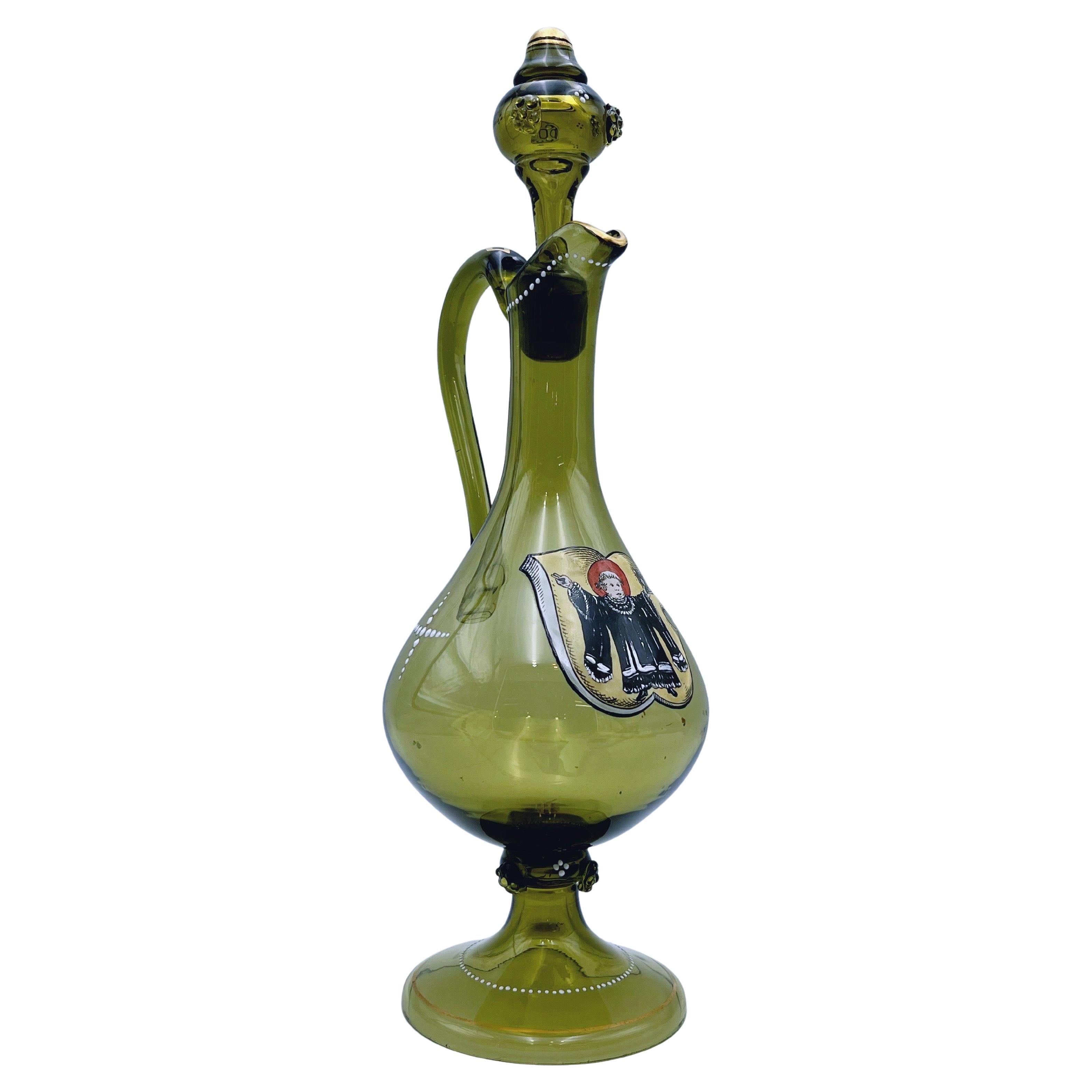 Antique Enamelled Oliver Green Glass Jug, Bohemia, circa 1880/90, hand-painted For Sale