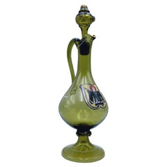 Antique Enamelled Oliver Green Glass Jug, Bohemia, circa 1880/90, hand-painted