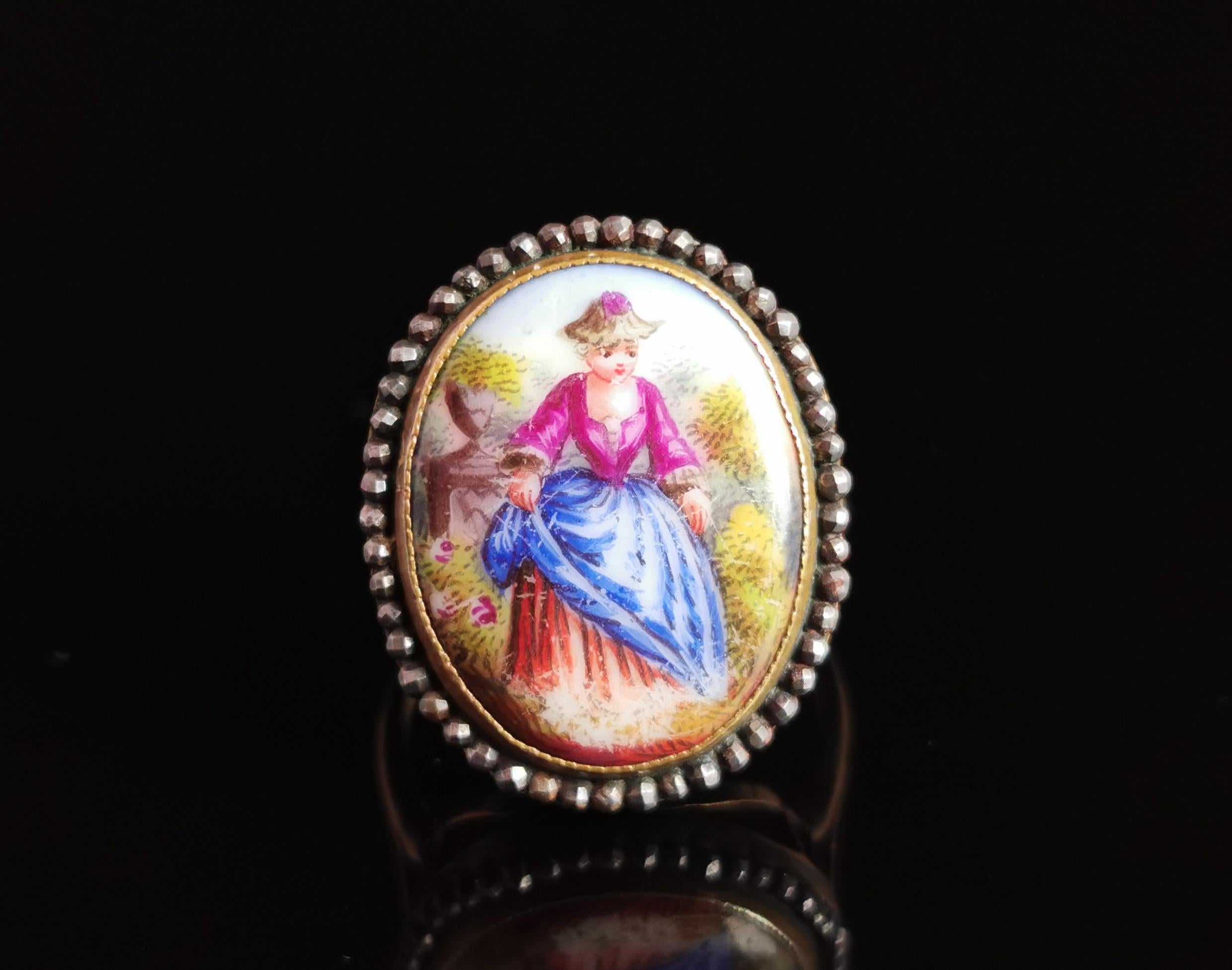 Antique Enamelled Portrait Ring, 9k Gold, Cut Steel and Mother of Pearl 5