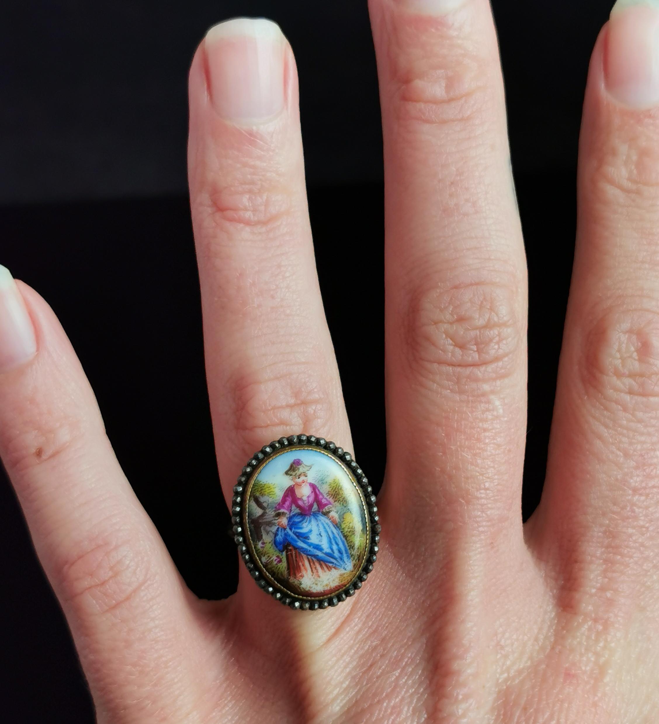 Antique Enamelled Portrait Ring, 9k Gold, Cut Steel and Mother of Pearl 6