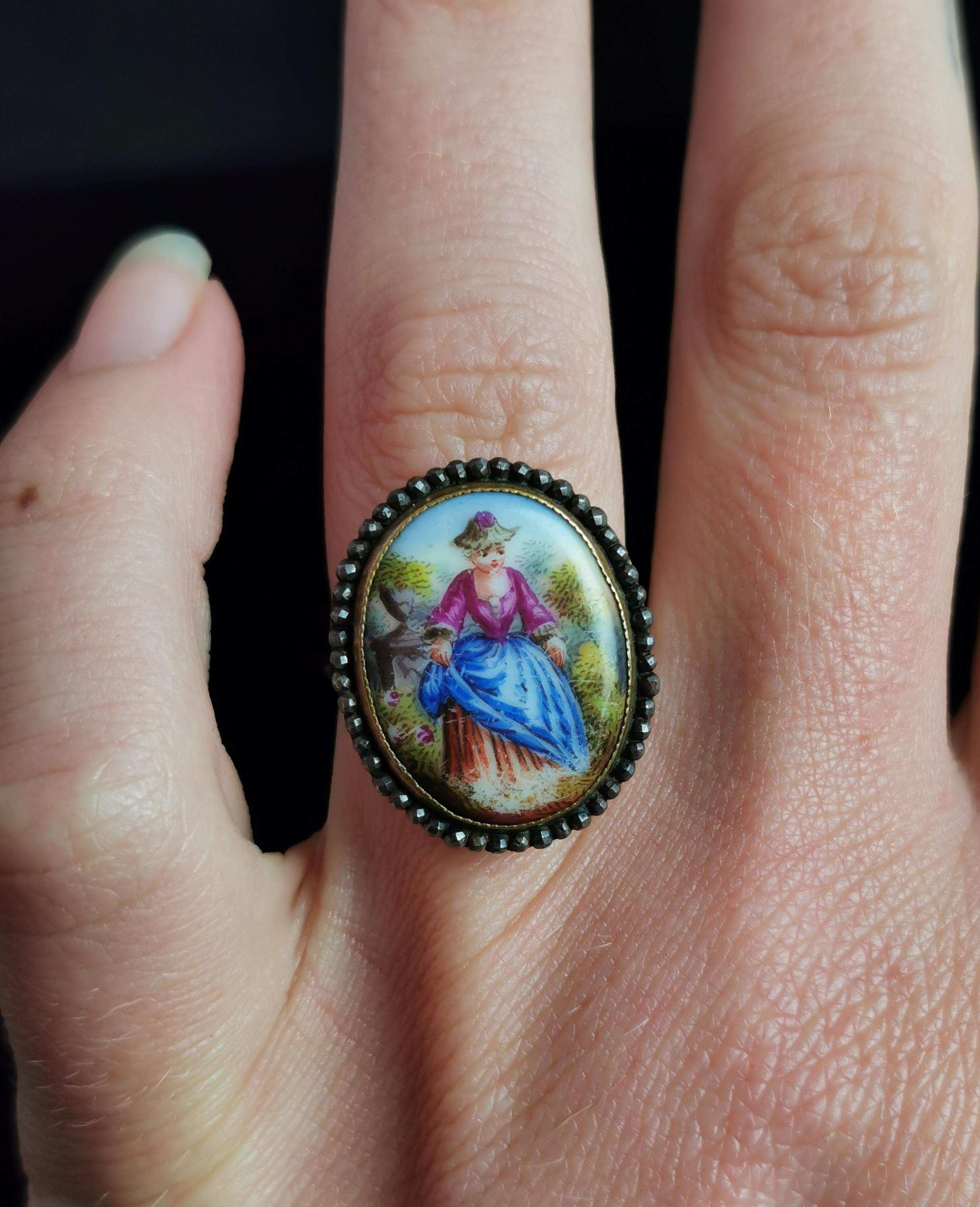 Antique Enamelled Portrait Ring, 9k Gold, Cut Steel and Mother of Pearl 7