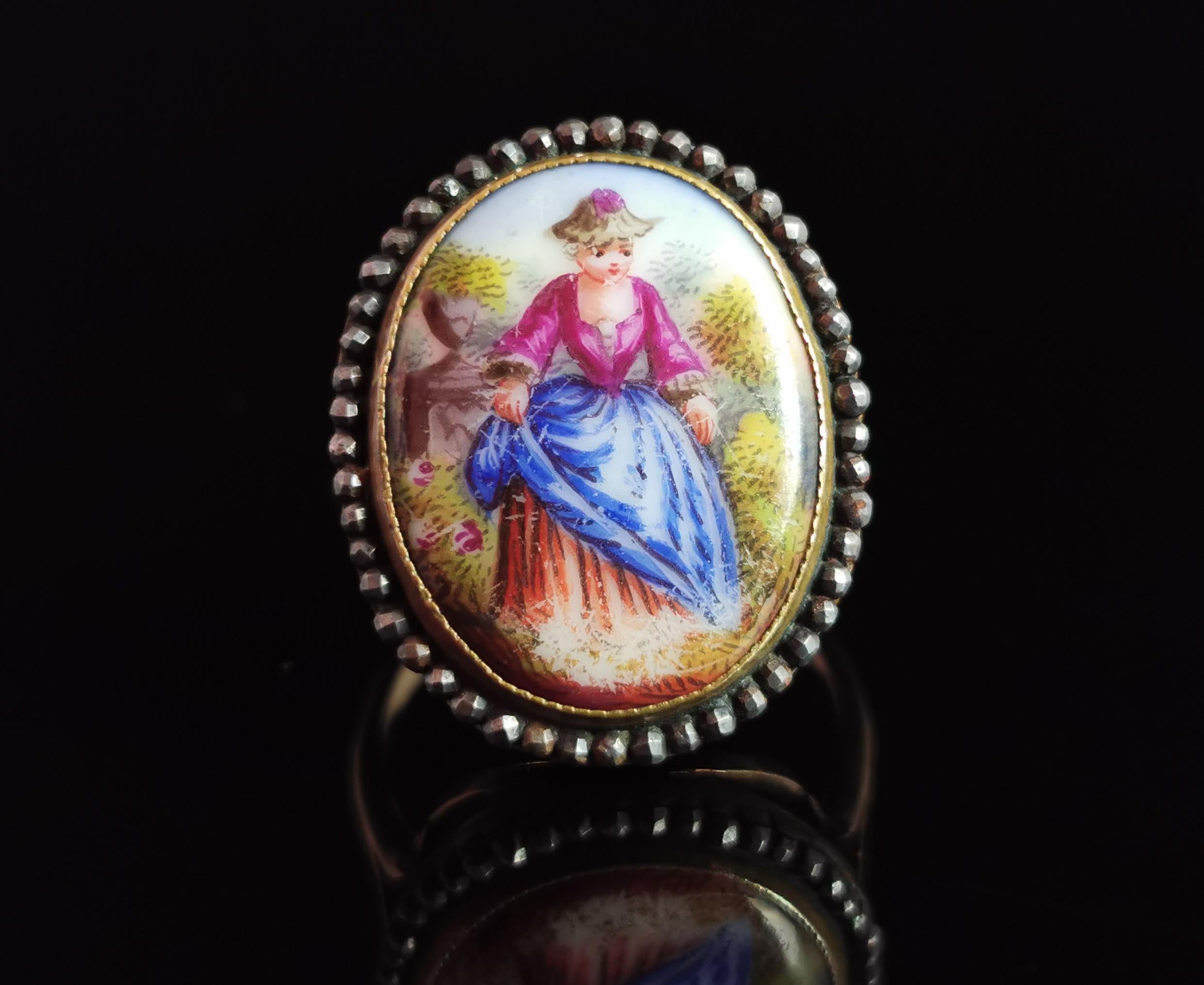 Antique Enamelled Portrait Ring, 9k Gold, Cut Steel and Mother of Pearl 8