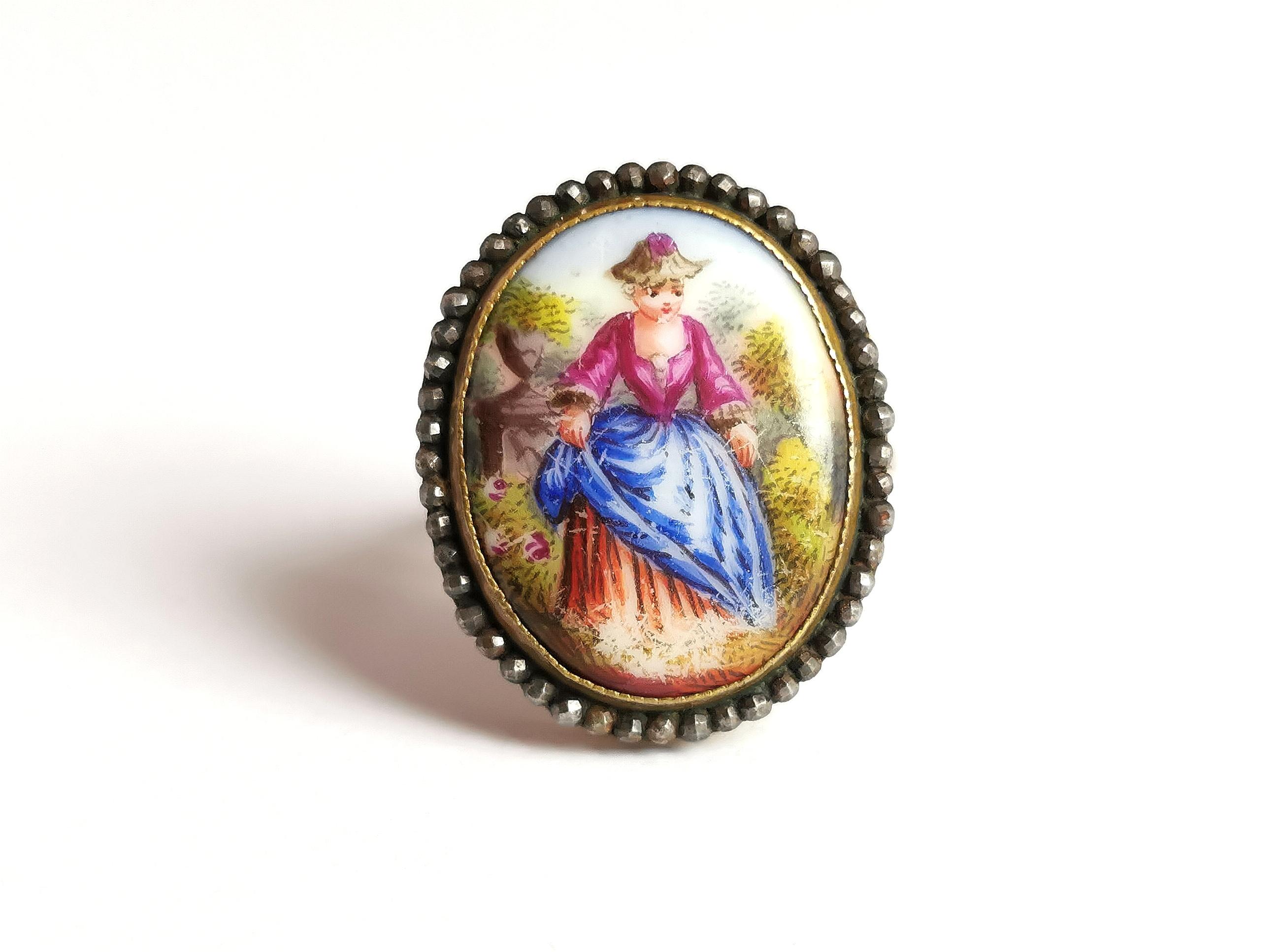 Antique Enamelled Portrait Ring, 9k Gold, Cut Steel and Mother of Pearl 9
