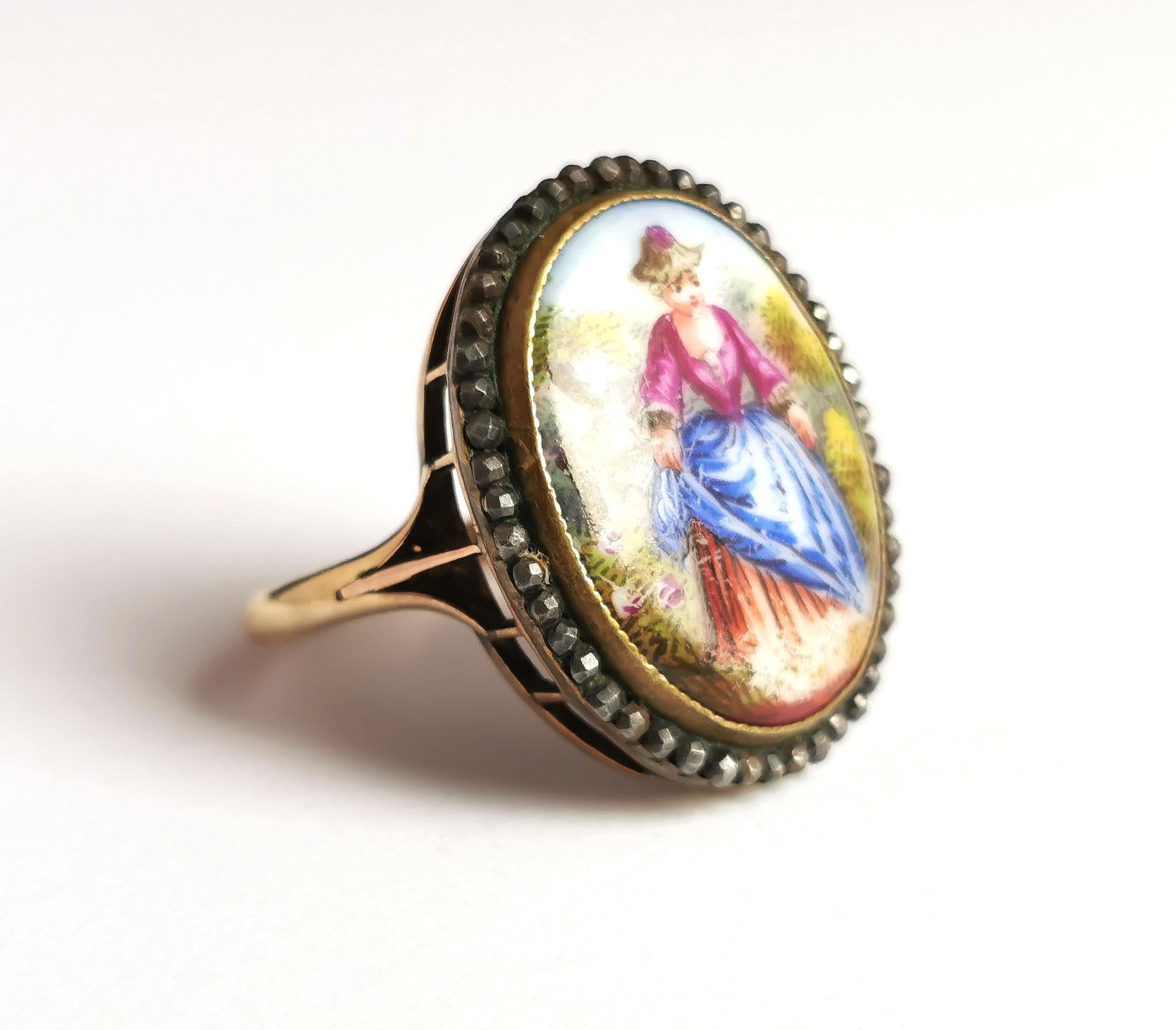 Antique Enamelled Portrait Ring, 9k Gold, Cut Steel and Mother of Pearl 10