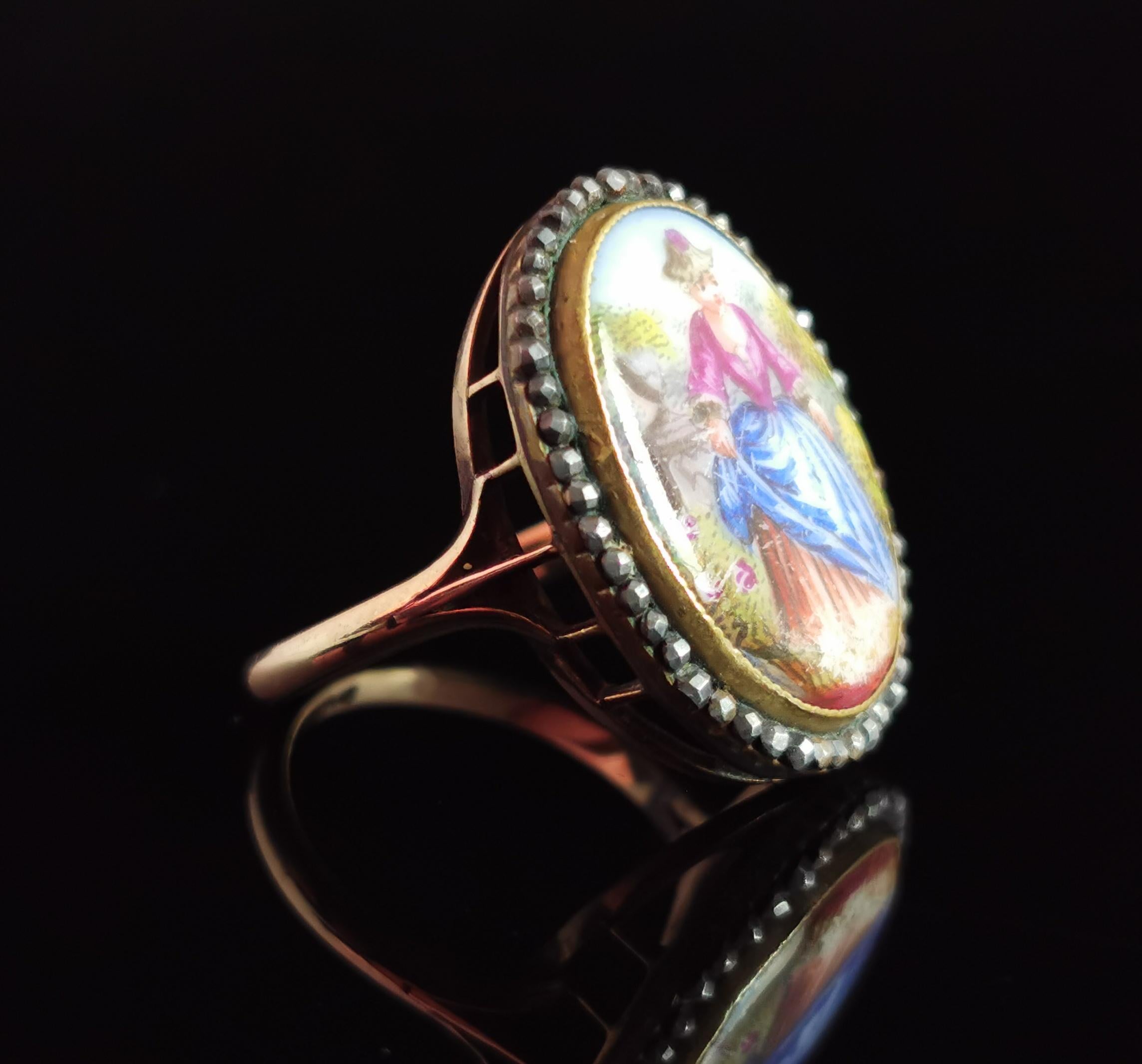 Romantic Antique Enamelled Portrait Ring, 9k Gold, Cut Steel and Mother of Pearl