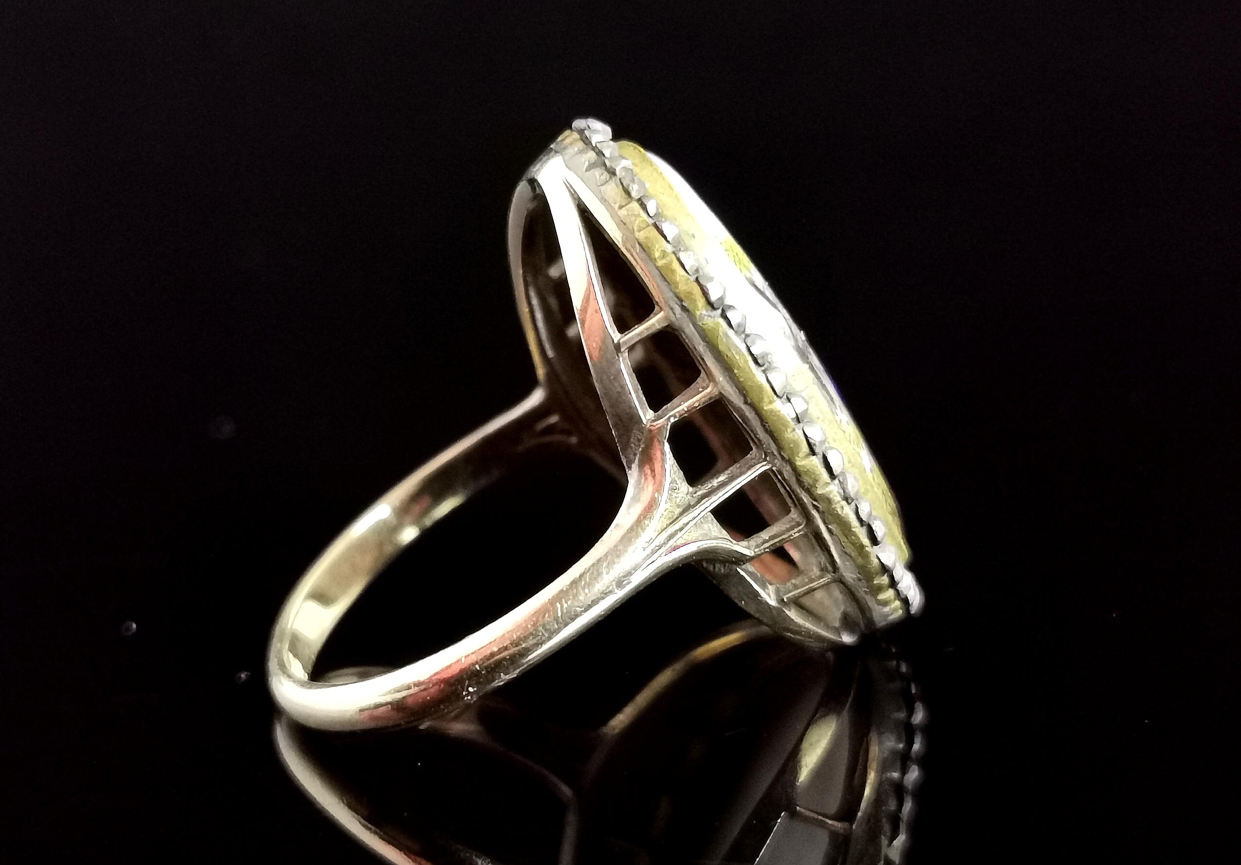 Antique Enamelled Portrait Ring, 9k Gold, Cut Steel and Mother of Pearl In Fair Condition In NEWARK, GB