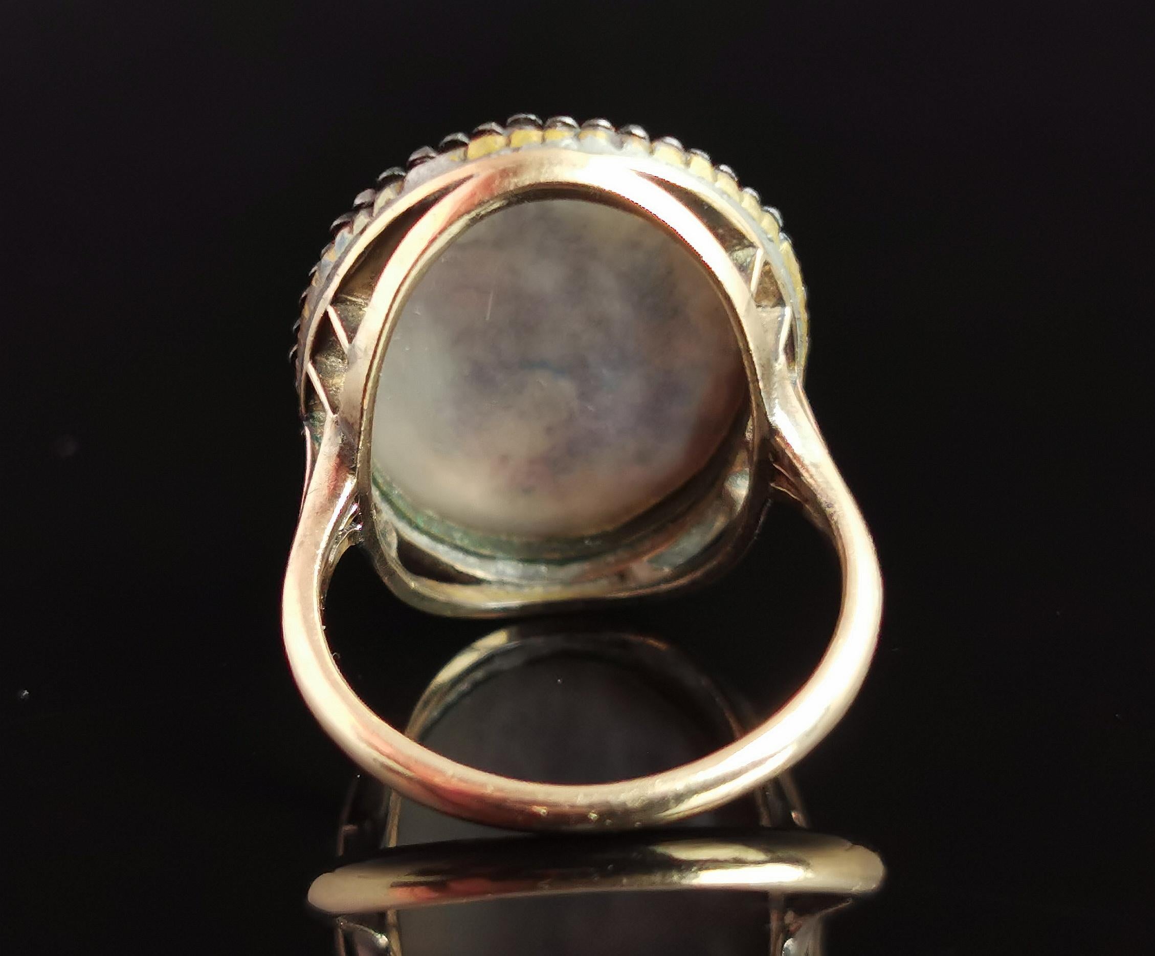 Women's Antique Enamelled Portrait Ring, 9k Gold, Cut Steel and Mother of Pearl