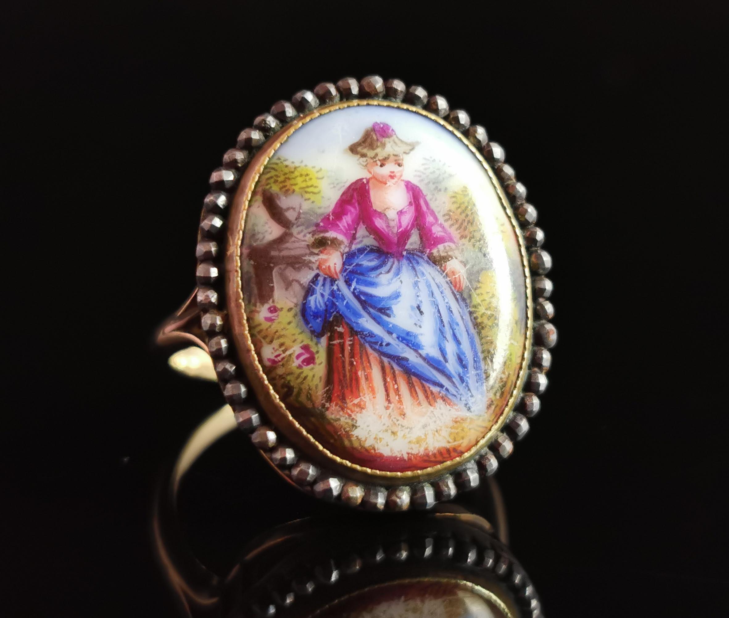 Antique Enamelled Portrait Ring, 9k Gold, Cut Steel and Mother of Pearl 1