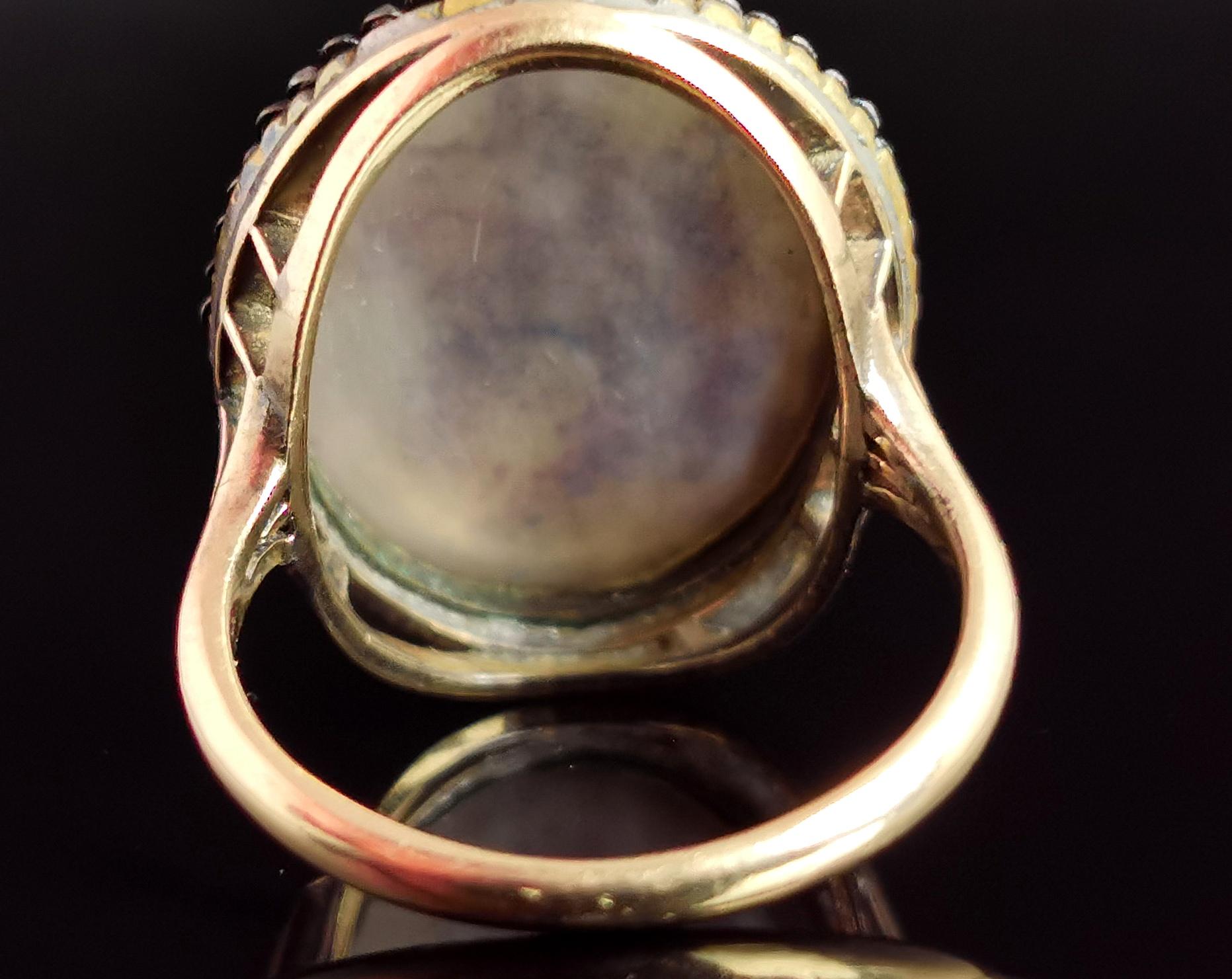 Antique Enamelled Portrait Ring, 9k Gold, Cut Steel and Mother of Pearl 2