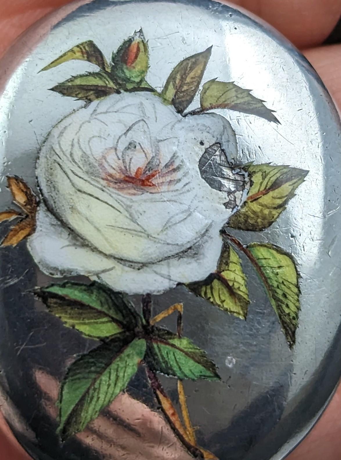 Antique Enamelled silver locket, White Rose, Victorian  8