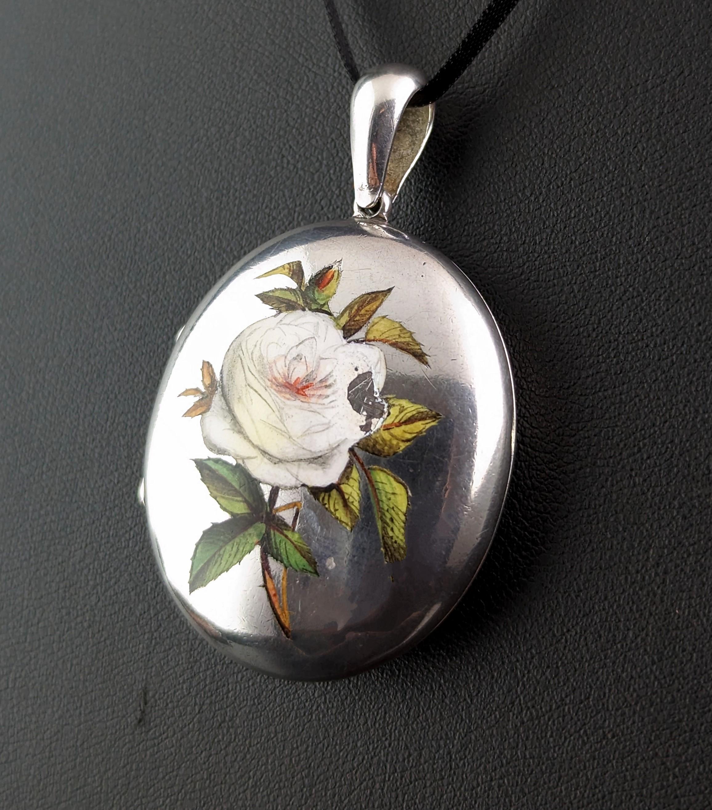 Women's Antique Enamelled silver locket, White Rose, Victorian 