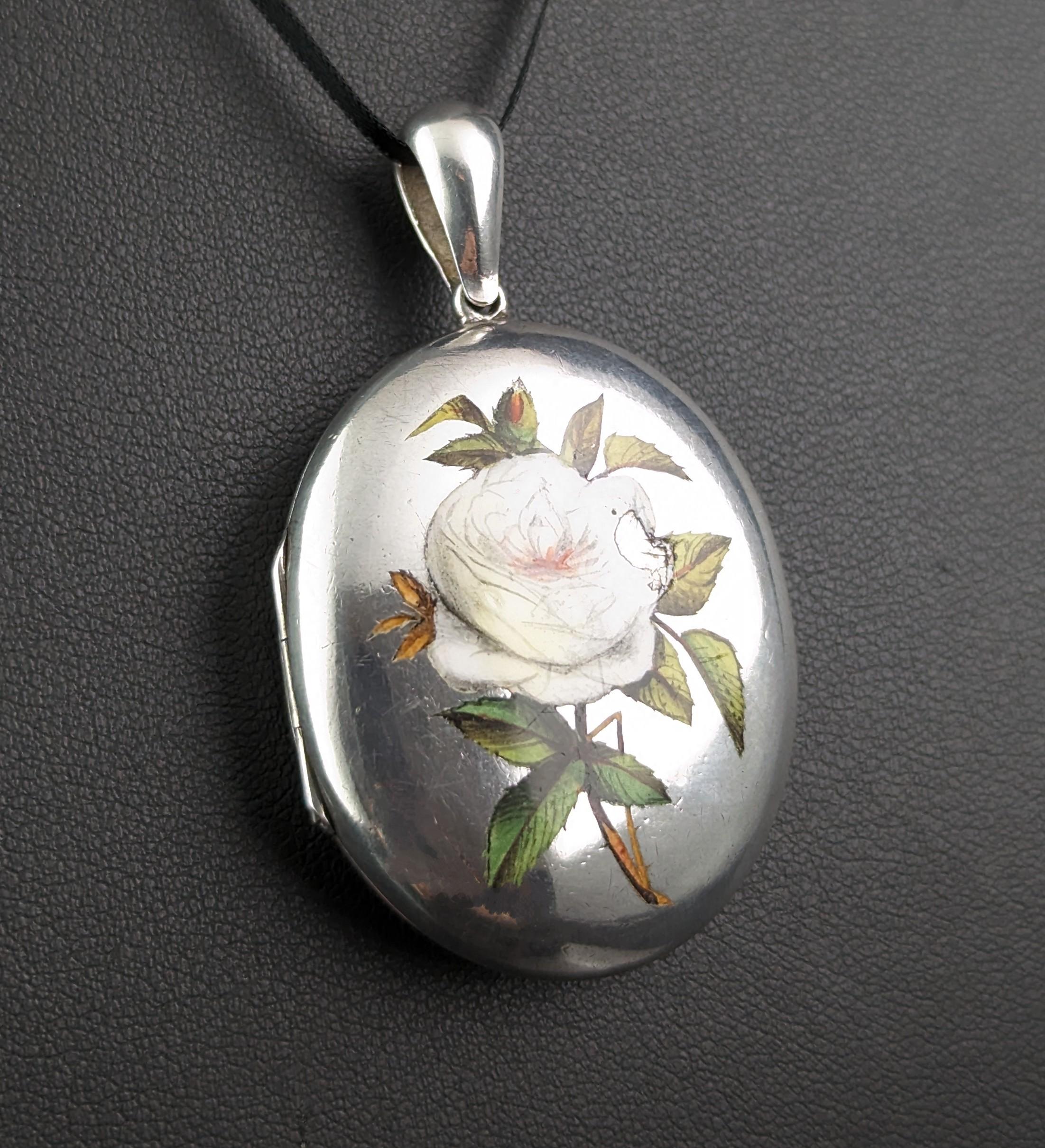 Antique Enamelled silver locket, White Rose, Victorian  3