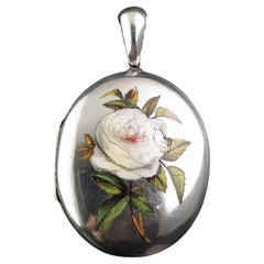 Antique Enamelled silver locket, White Rose, Victorian 