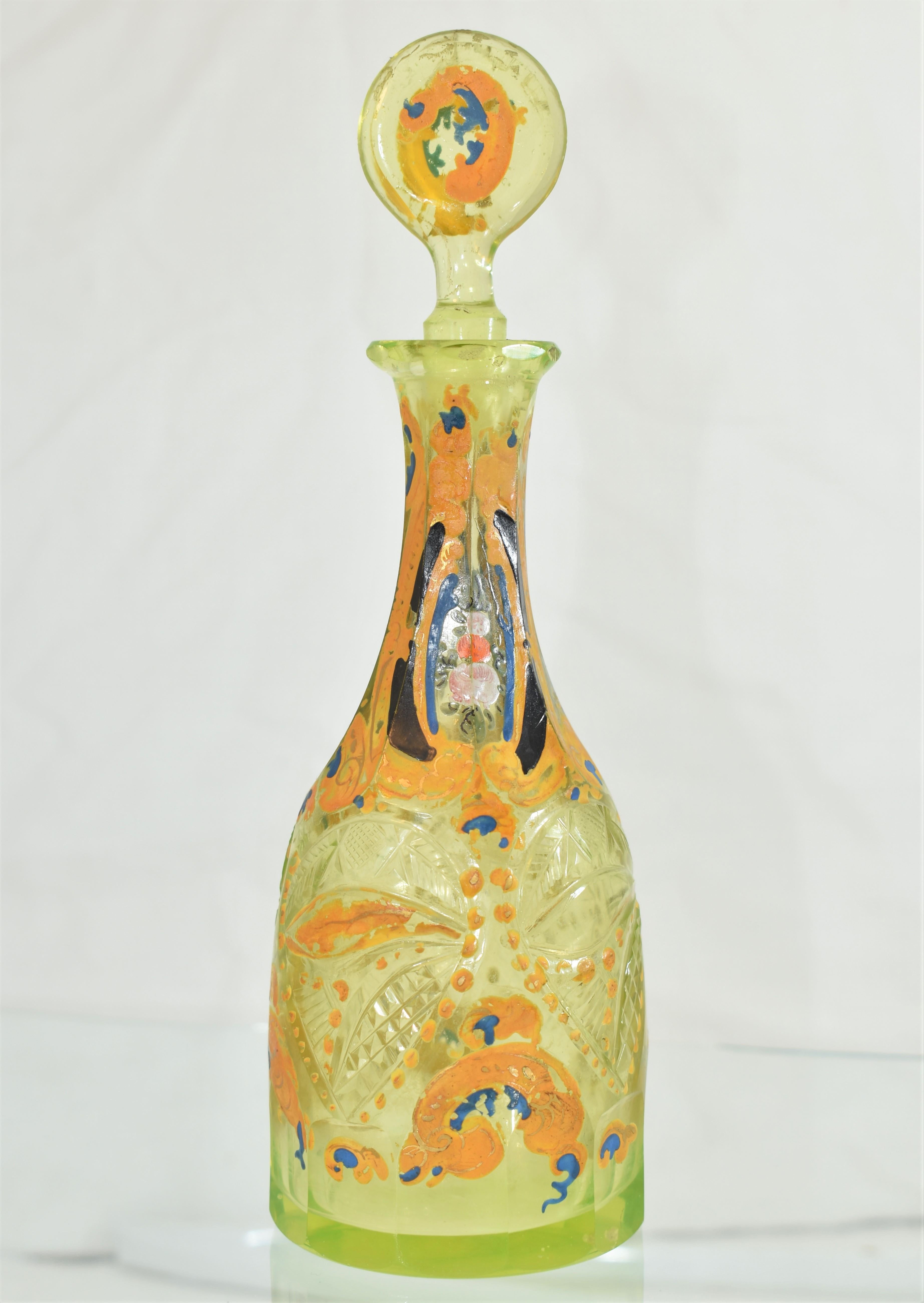 Enameled Antique Enamelled Uranium Glass Set, Bohemian for Ottoman Market, 19th Century For Sale