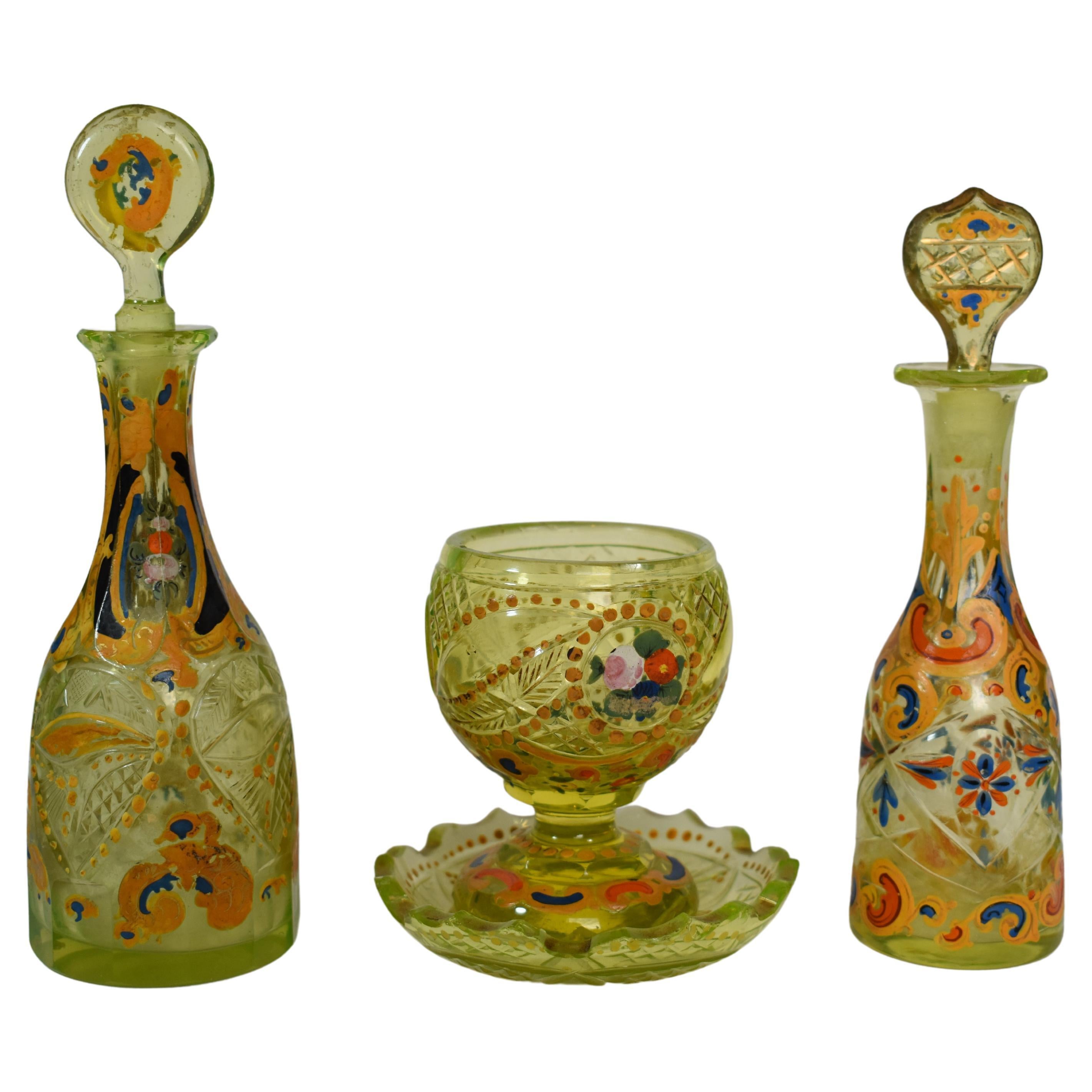 Antique Tall Uranium Glass Vase Beautifully etched Designs with a