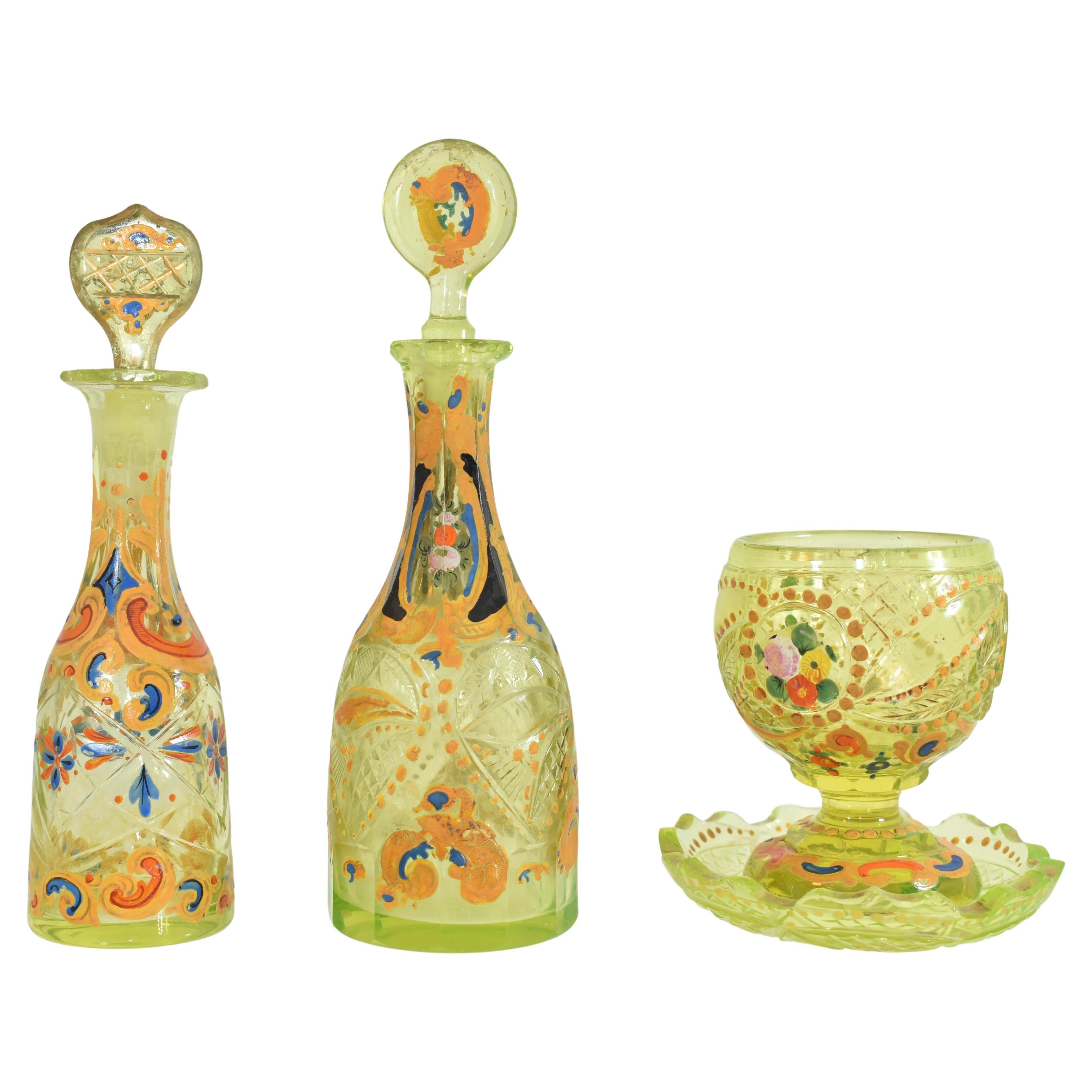 Antique Enamelled Uranium Glass Set, Bohemian for Ottoman Market, 19th Century For Sale