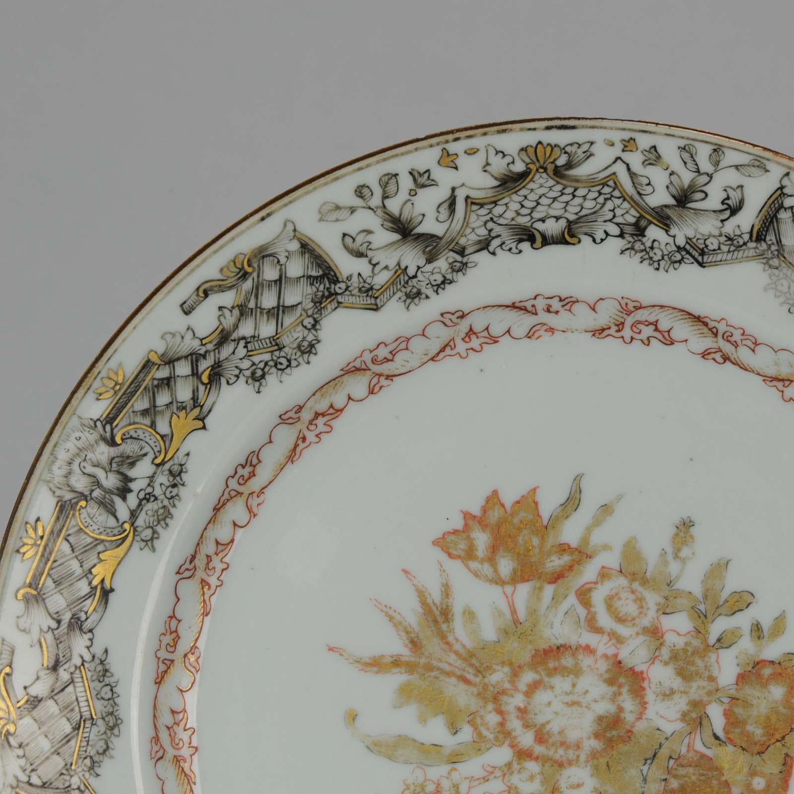 Chinese Antique Encre de Chine Plate with Flower Bird, 18th Century For Sale