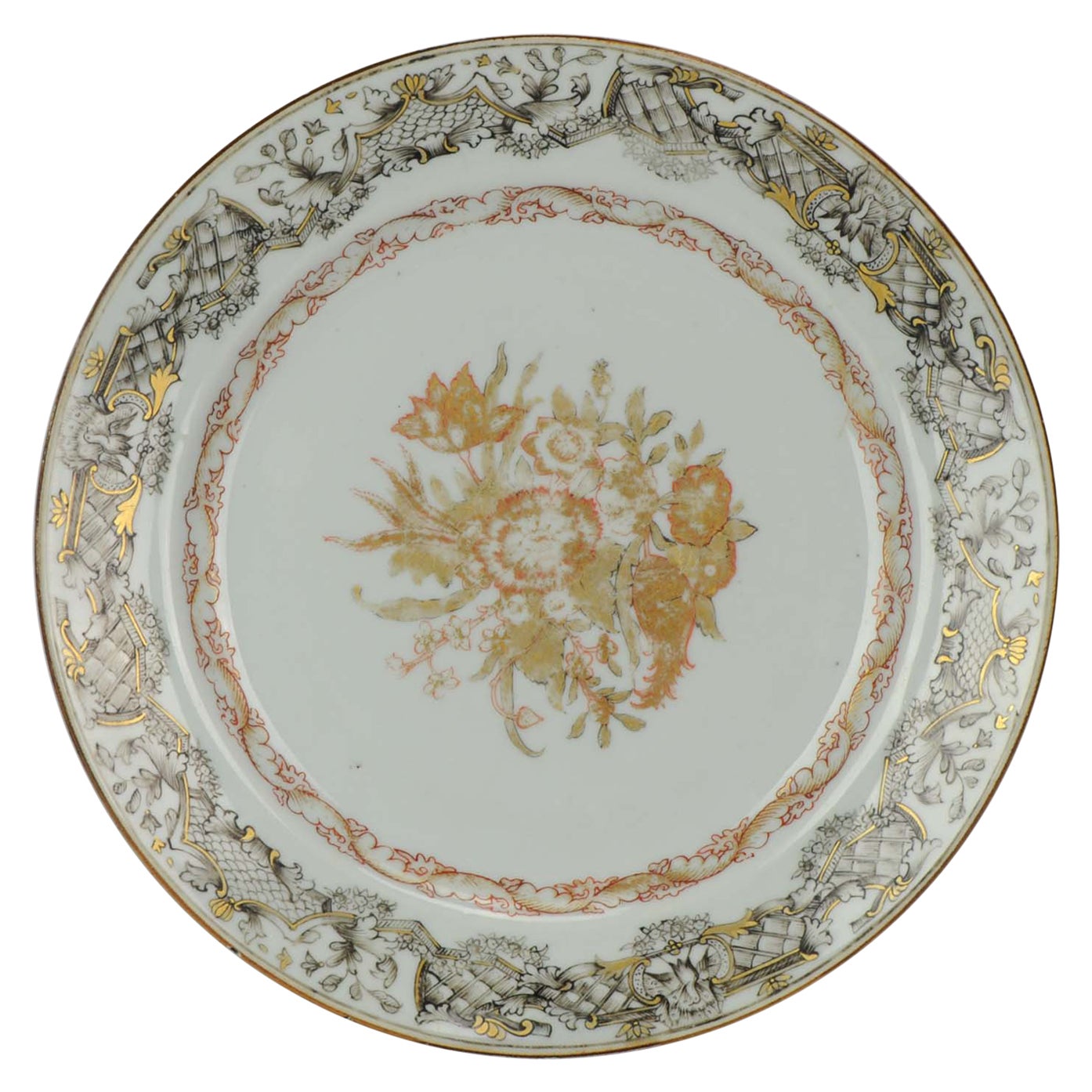 Assiette ancienne encre de Chine avec oiseau floral, 18ème siècle en vente
