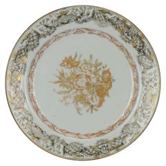 Antique Encre de Chine Plate with Flower Bird, 18th Century