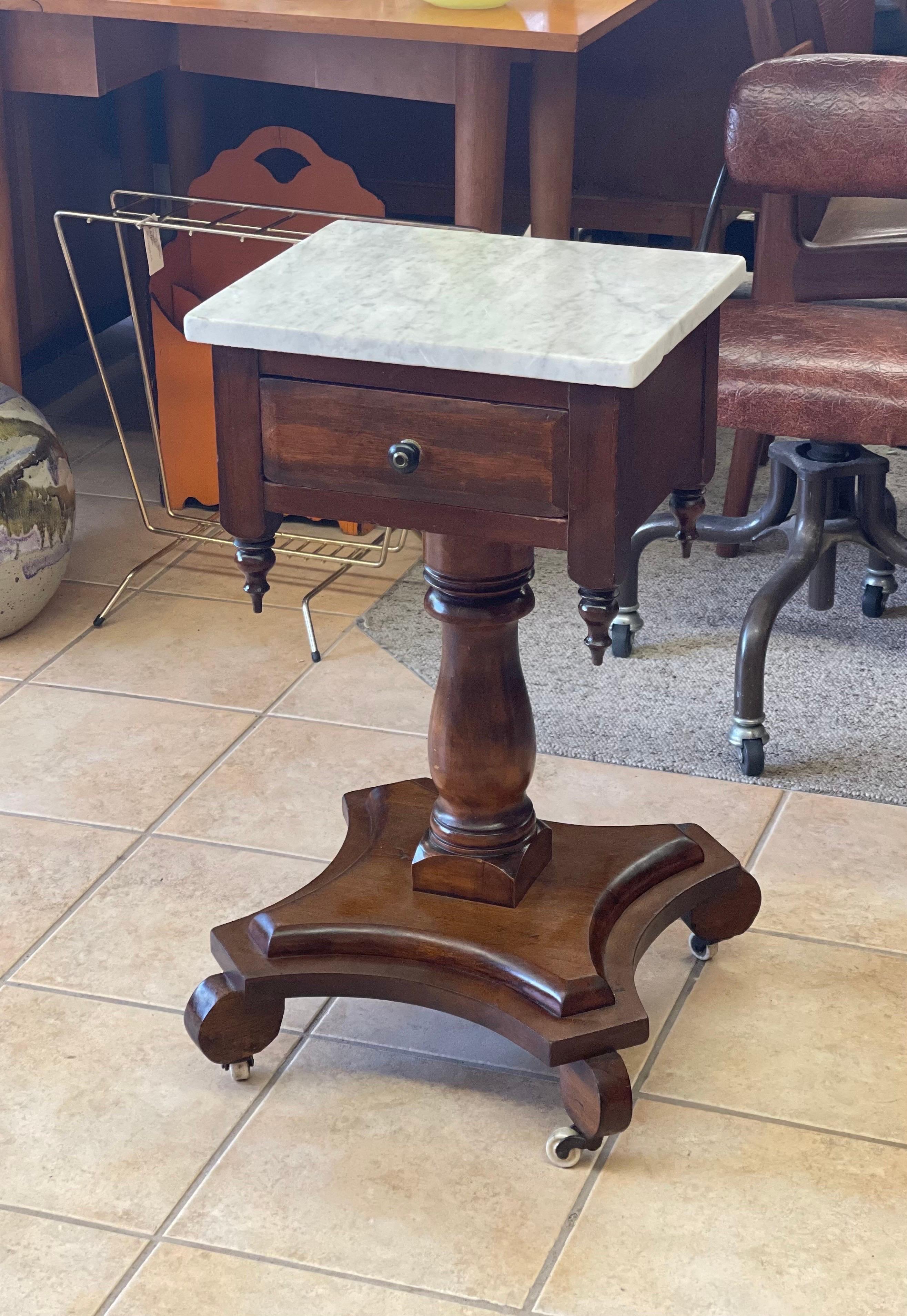 Antique End Table Stand with Dovetail Drawers Stone Top 

Dimensions. 14 1/2 W ; 12 D ; 27 H.