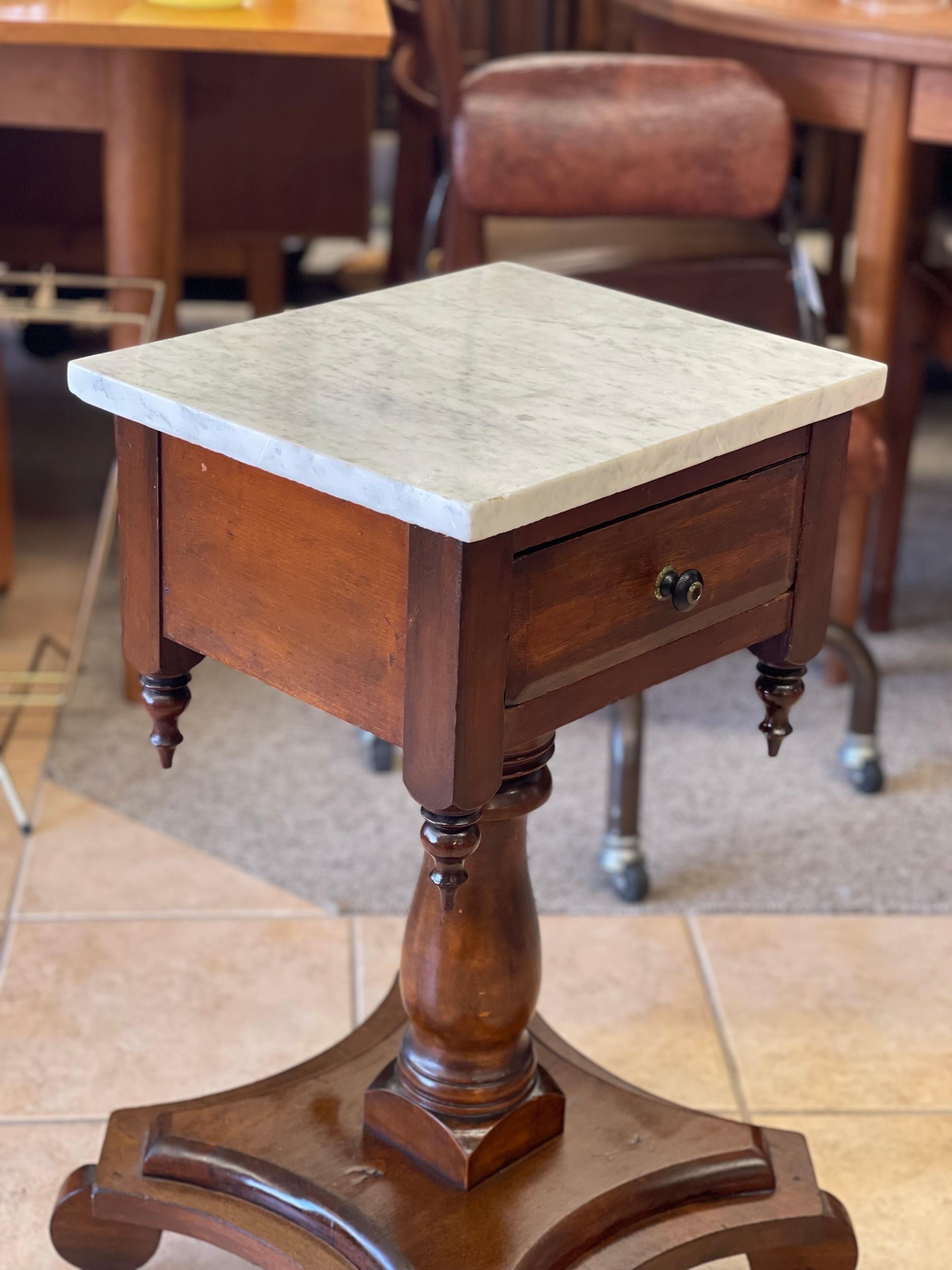 Mid-Century Modern Antique End Table Stand with Dovetail Drawers Stone Top For Sale