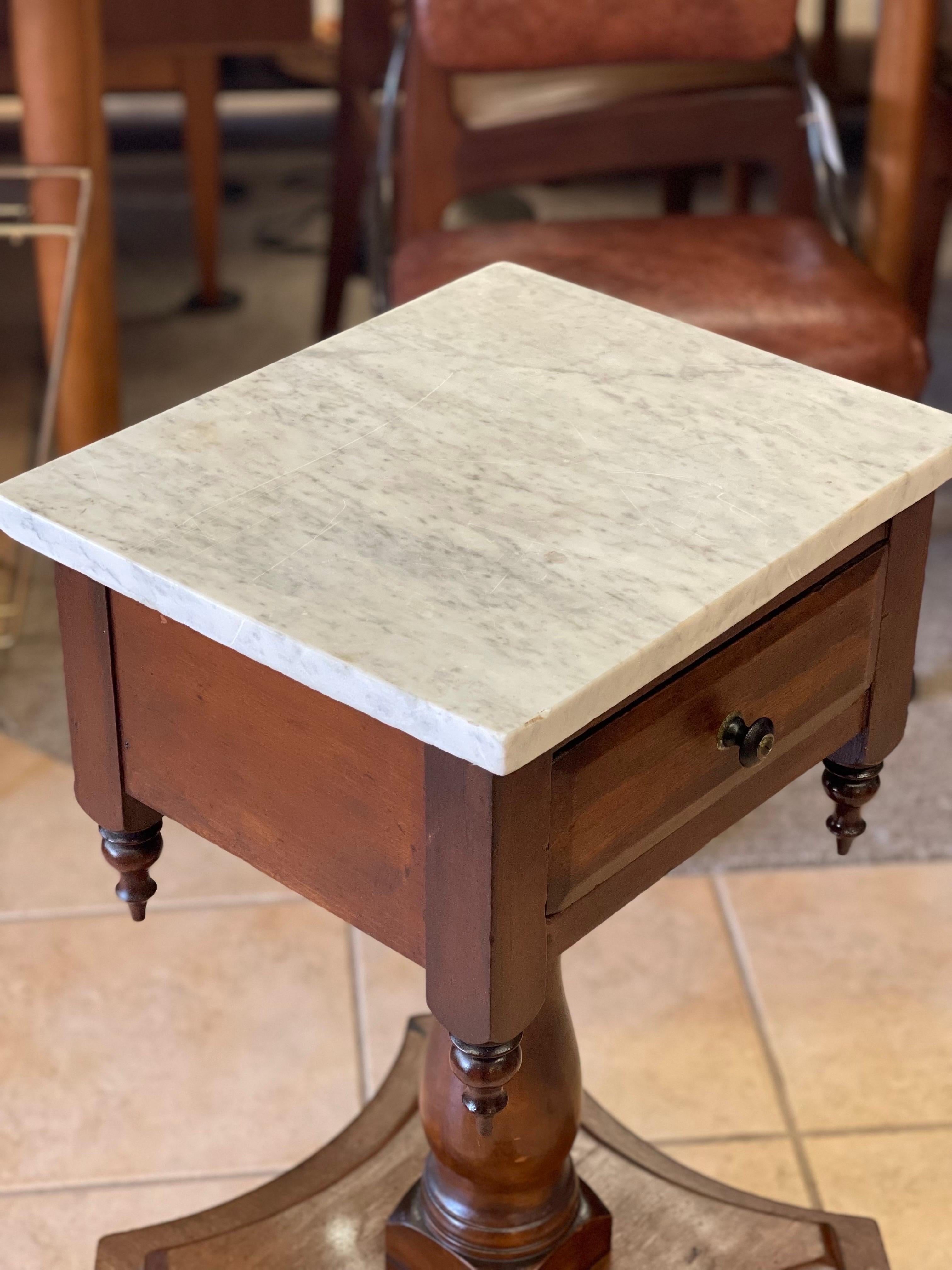 Late 20th Century Antique End Table Stand with Dovetail Drawers Stone Top For Sale