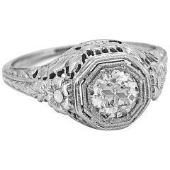 Antique Engagement Ring 18 Karat White Gold .51 Carat Diamond Art Deco