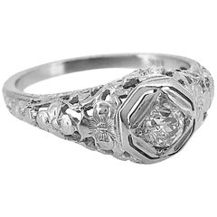 Antique Engagement Ring .31 Carat Diamond and 18 Karat White Gold Art Deco