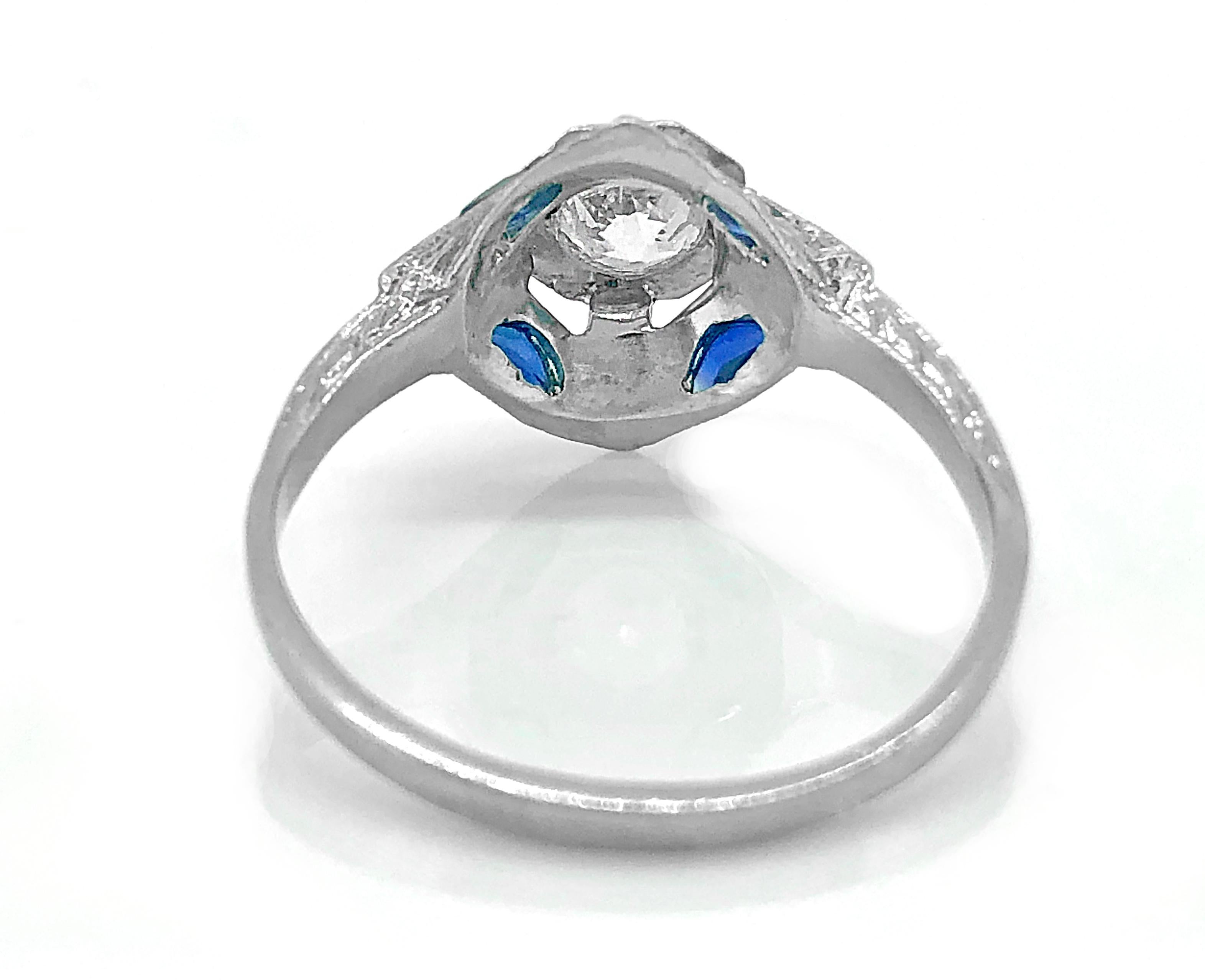 Antique Engagement Ring .43 Carat Diamond, Sapphire & 18K White Gold Art Deco In Excellent Condition For Sale In Tampa, FL