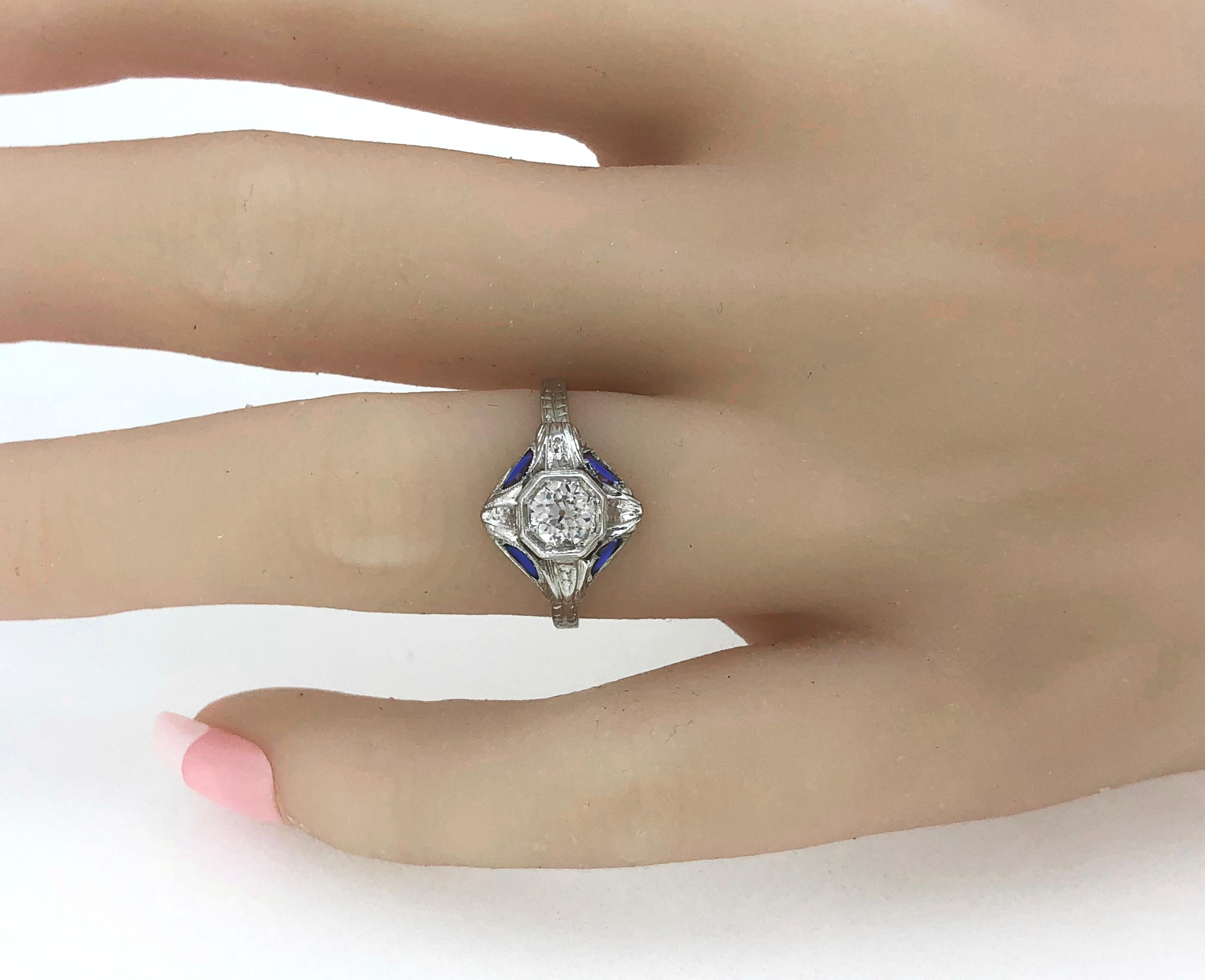 Women's Antique Engagement Ring .43 Carat Diamond, Sapphire & 18K White Gold Art Deco For Sale