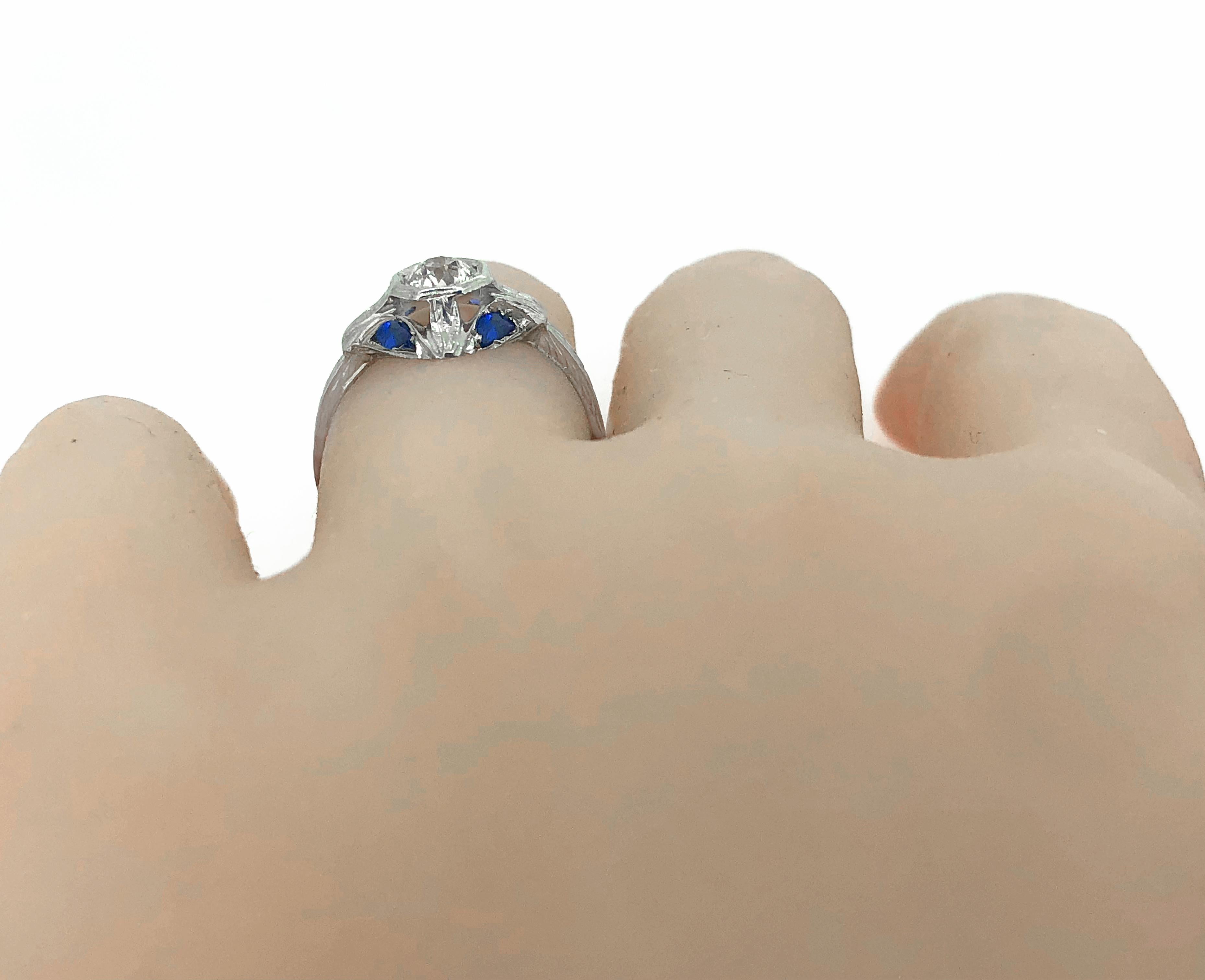 Antique Engagement Ring .43 Carat Diamond, Sapphire & 18K White Gold Art Deco For Sale 1