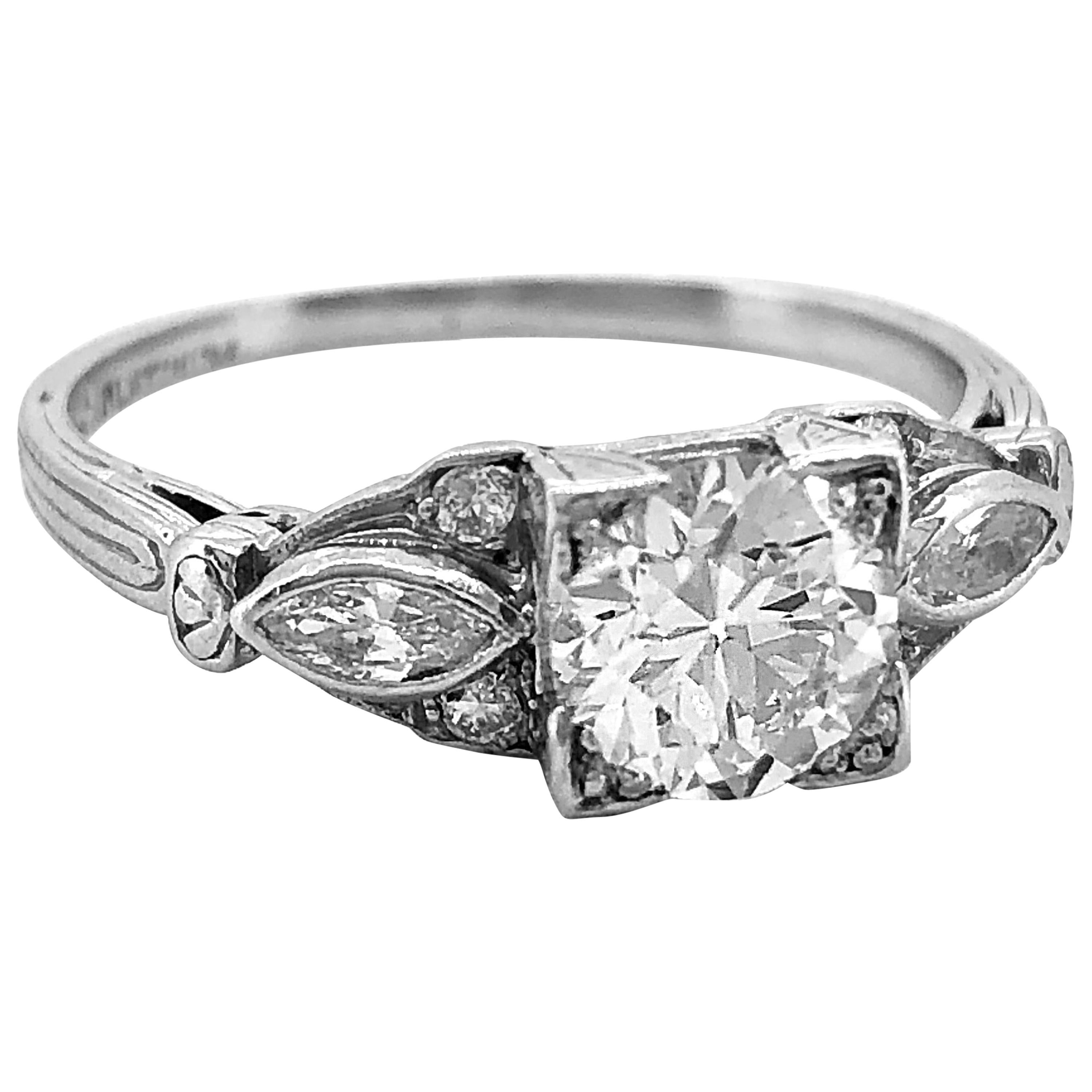 Antique Engagement Ring .91 Carat Diamond and Platinum Art Deco For Sale