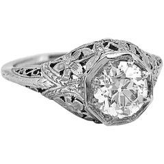 Antique Engagement Ring "Belais" .83 Carat Diamond and 18 Karat White Gold
