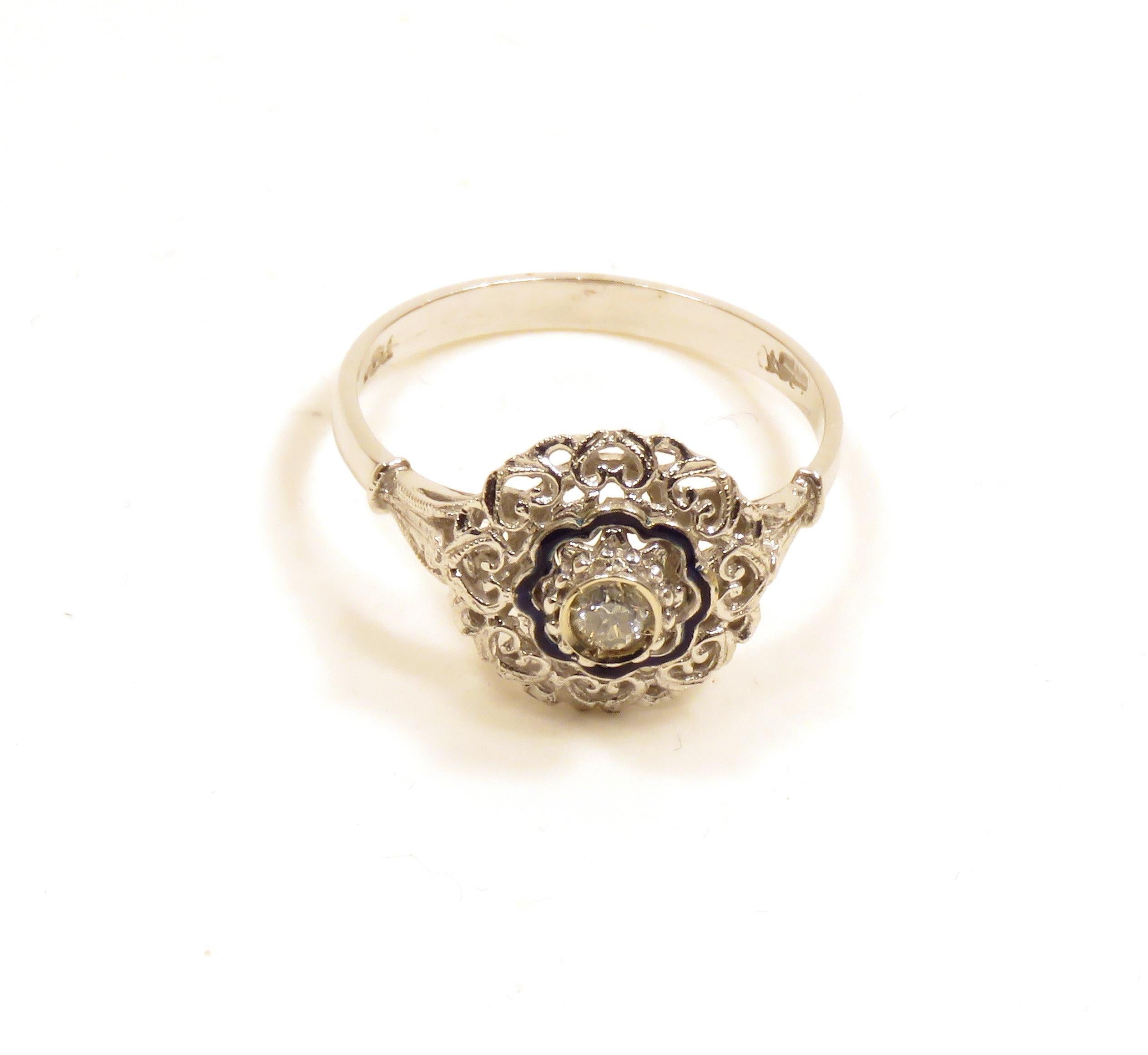 Women's Antique Engagement White Gold Diamond Filigree Blue Enamel Ring 