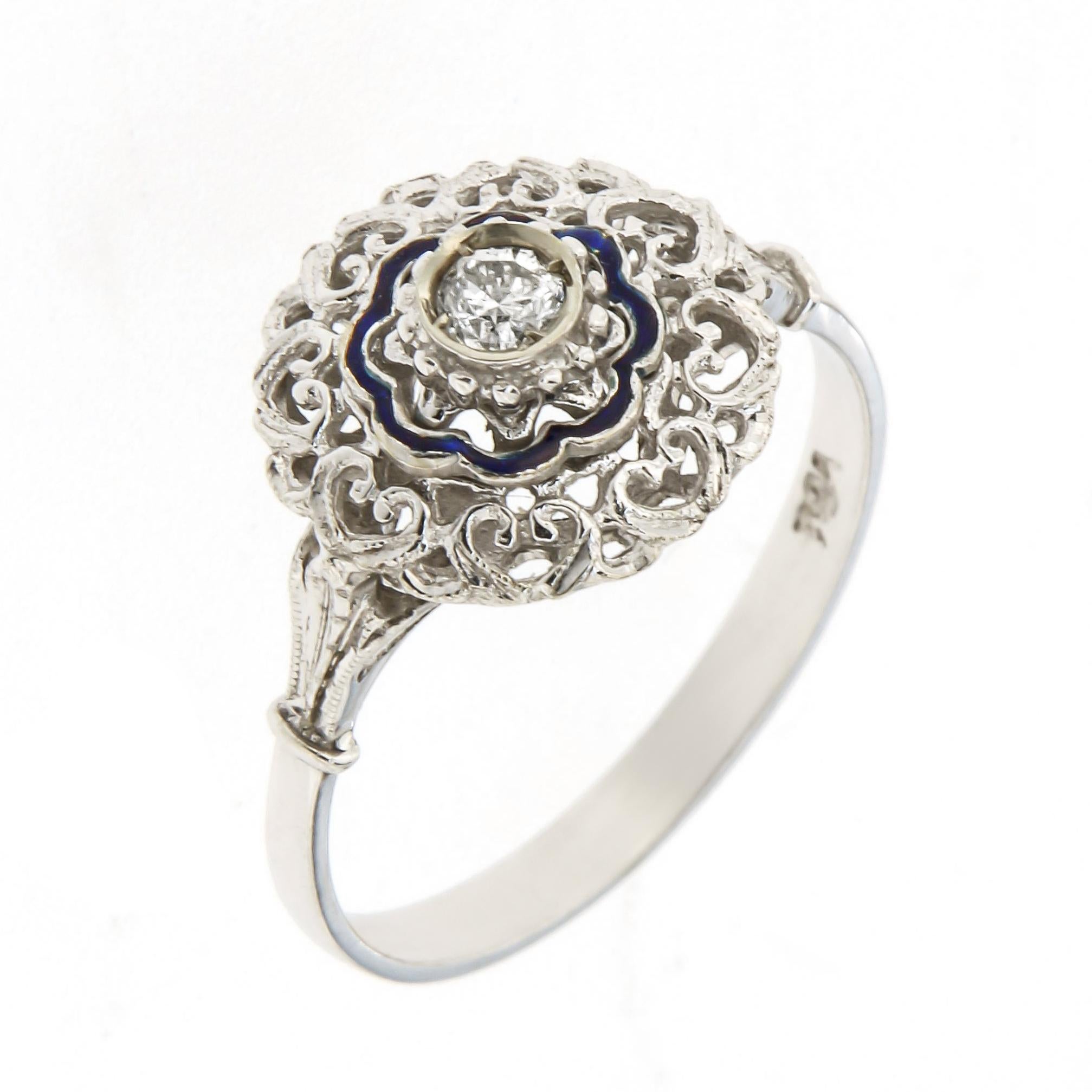 Antique Engagement White Gold Diamond Filigree Blue Enamel Ring 